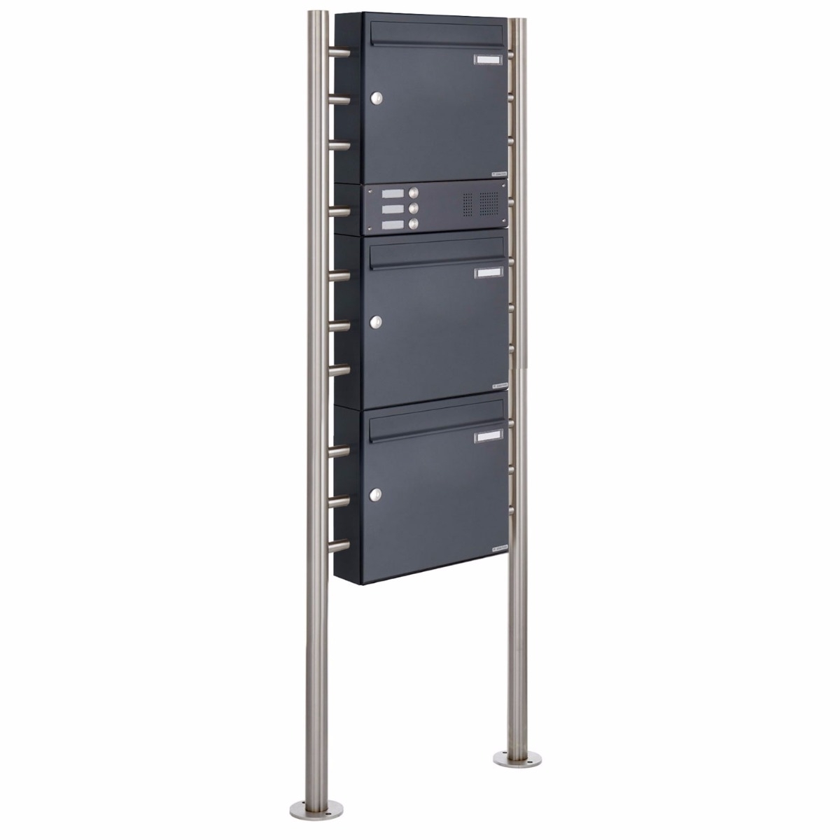 3er 3x1 Standbriefkasten Design BASIC 381 ST-R mit Klingelkasten - RAL 7016 anthrazitgrau 3er 3x1 Standbriefkasten Design BASIC 381 ST-R mit Klingelkasten - RAL 7016 anthrazitgrau