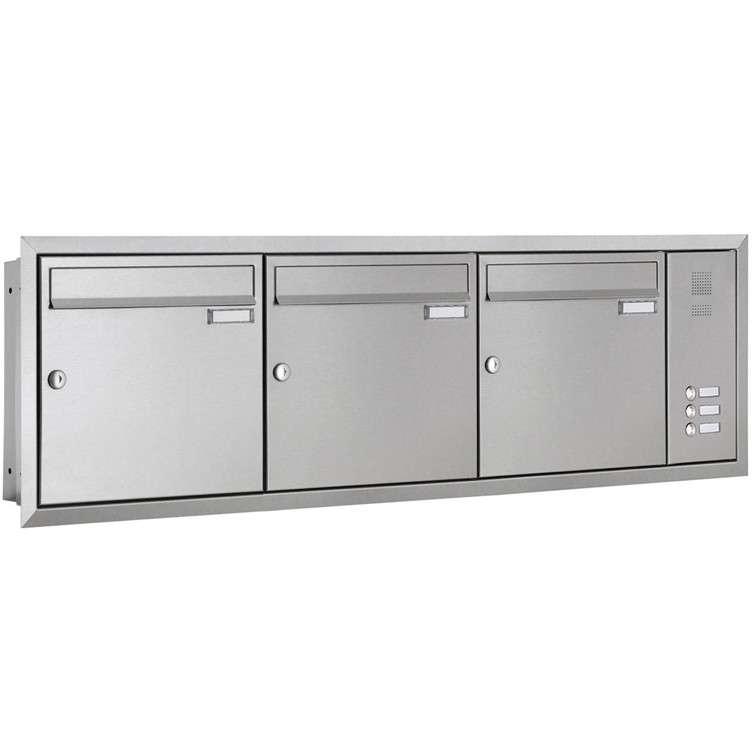 3-piece stainless steel flush-mounted letterbox BASIC Plus 382XU UP with bell box on the side 3-piece stainless steel flush-mounted letterbox BASIC Plus 382XU UP with bell box on the side