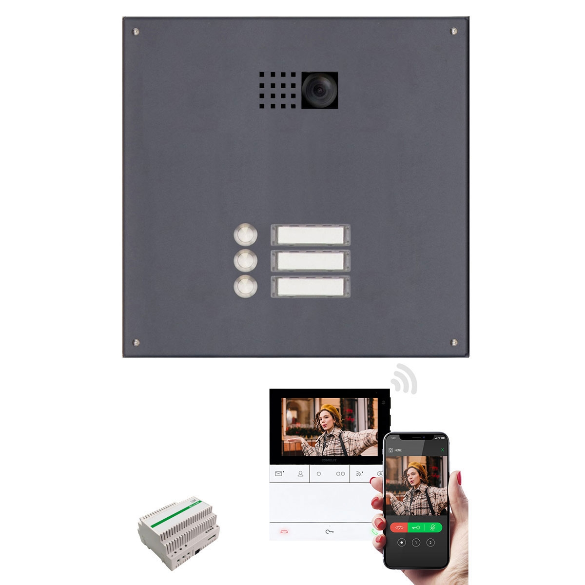 Edelstahl-Blende 355x330 für 3 Partei, RAL n. Wahl m. Comelit Ultra  Video-Komplettset