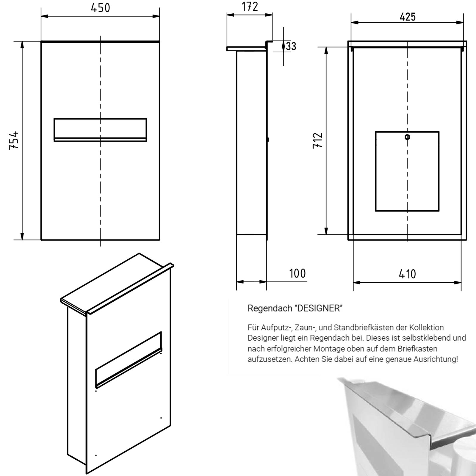Stainless steel fence letterbox designer model BIG - rear removal - GIRA System 106 - 3-gang prepared Stainless steel fence letterbox designer model BIG - rear removal - GIRA System 106 - 3-gang prepared