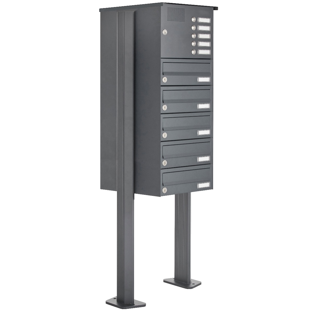 5 letterbox system freestanding Design BASIC 385P-7016-SP with doorbell intercom incl. side cladding & rain cover - horizontal letterboxes - anthracite grey RAL 7016 5 letterbox system freestanding Design BASIC 385P-7016-SP with doorbell intercom incl. side cladding & rain cover - horizontal letterboxes - anthracite grey RAL 7016