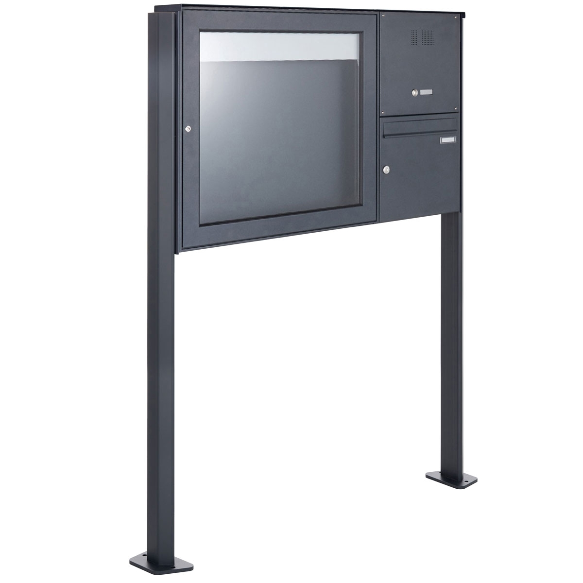 Floor-standing letterbox with display case BASIC Plus 389X ST-T with bell box - 710x660 - RAL 7016 anthracite grey Floor-standing letterbox with display case BASIC Plus 389X ST-T with bell box - 710x660 - RAL 7016 anthracite grey