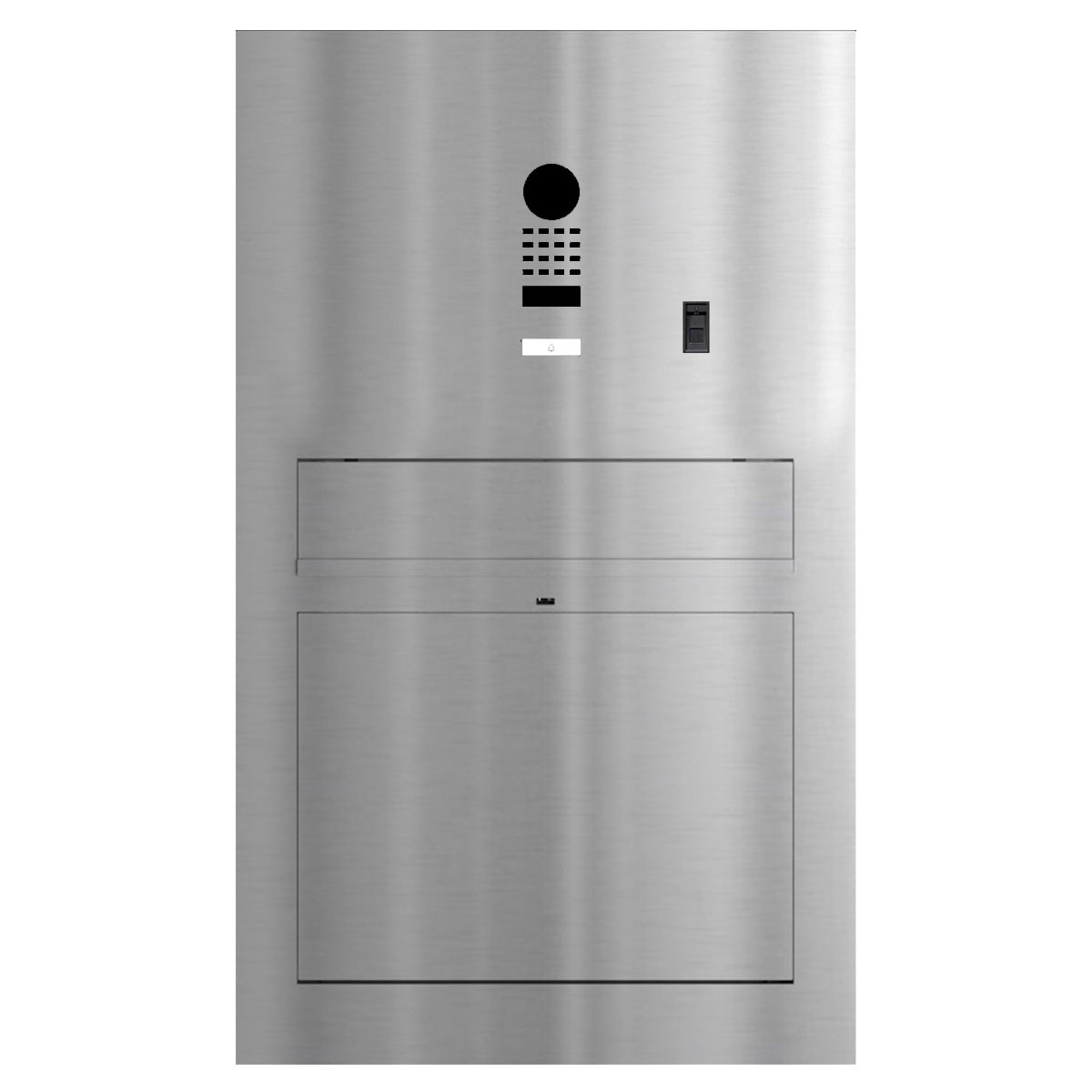 Design letterbox pedestal GRIMM - polished stainless steel with DoorBird video intercom system Design letterbox pedestal GRIMM - polished stainless steel with DoorBird video intercom system