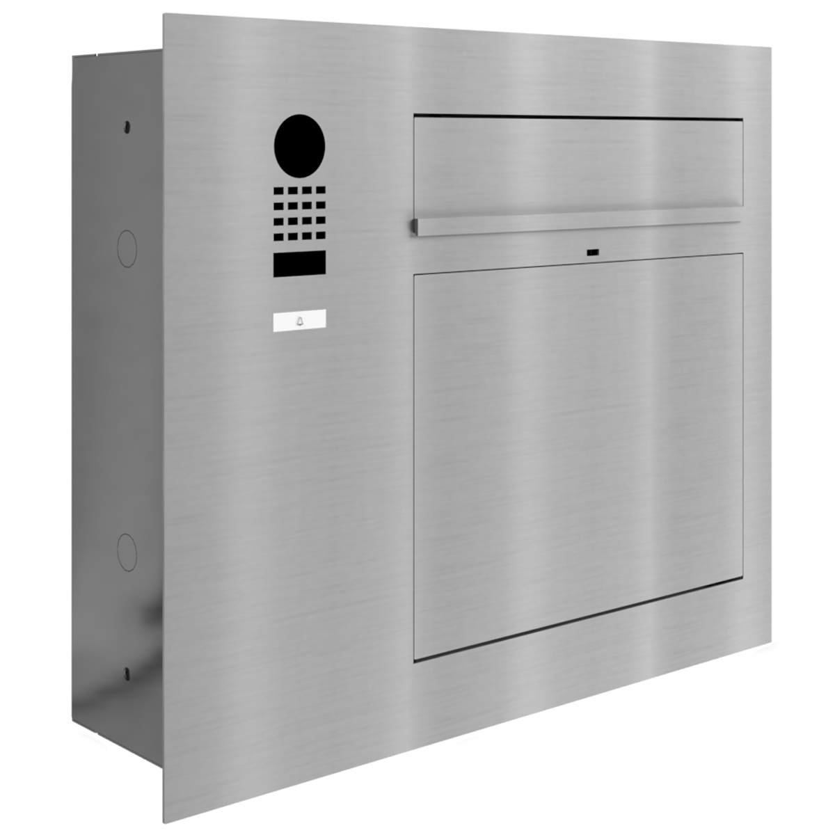 Design flush-mounted letterbox GRIMM - polished stainless steel with DoorBird video intercom left