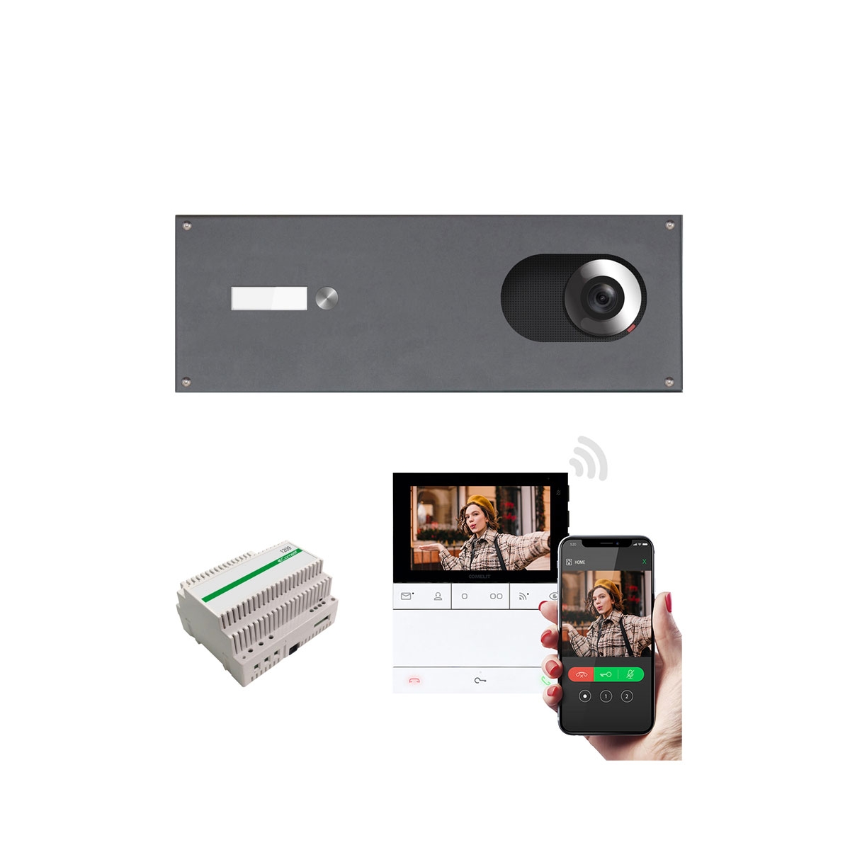 Roestvrijstalen afdekplaat 370x110 voor 1 partij met Comelit complete videoset Wifi, RAL 7016 antracietgrijs