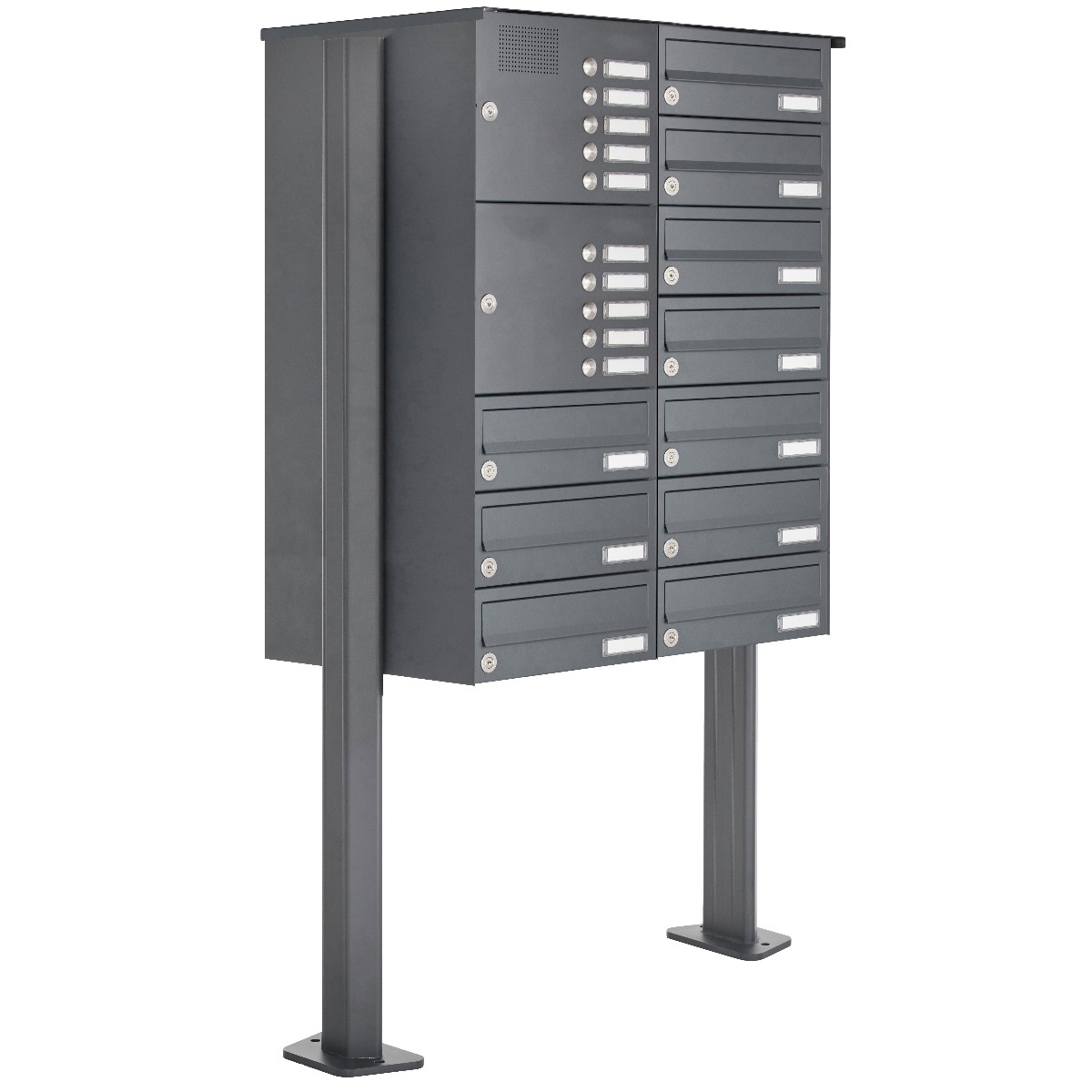 10 letterbox system freestanding Design BASIC 385P-7016-SP with doorbell intercom incl. side cladding & rain cover - horizontal letterboxes - anthracite grey RAL 7016 10 letterbox system freestanding Design BASIC 385P-7016-SP with doorbell intercom incl. side cladding & rain cover - horizontal letterboxes - anthracite grey RAL 7016