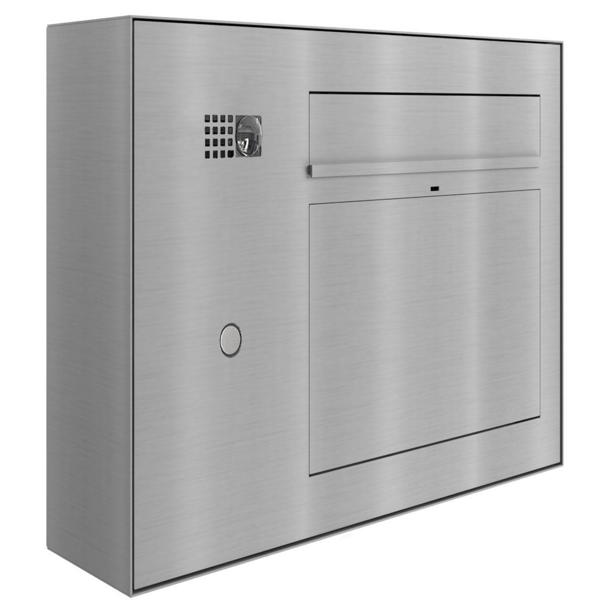 Design Aufputz Briefkasten GRIMM - Edelstahl geschliffen mit COMELIT Ultra - VIDEO Set links