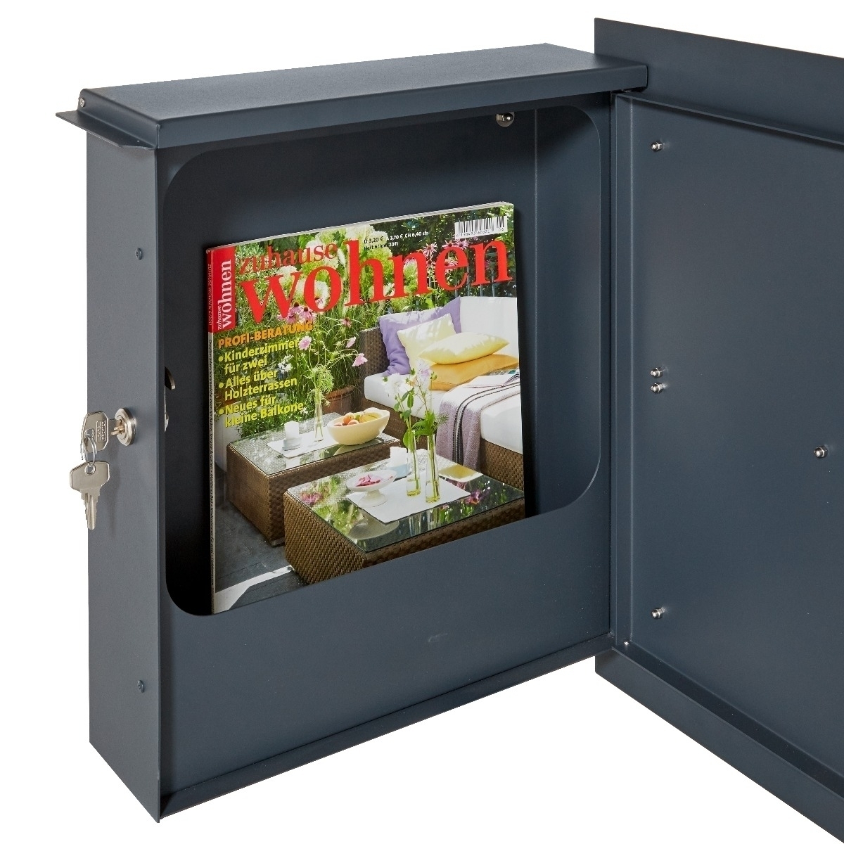 Design Edelstahl Briefkasten SCHILLER MEDIUM Elegance III mit Griffleiste - Hausnummer - Name - RAL nach Wahl