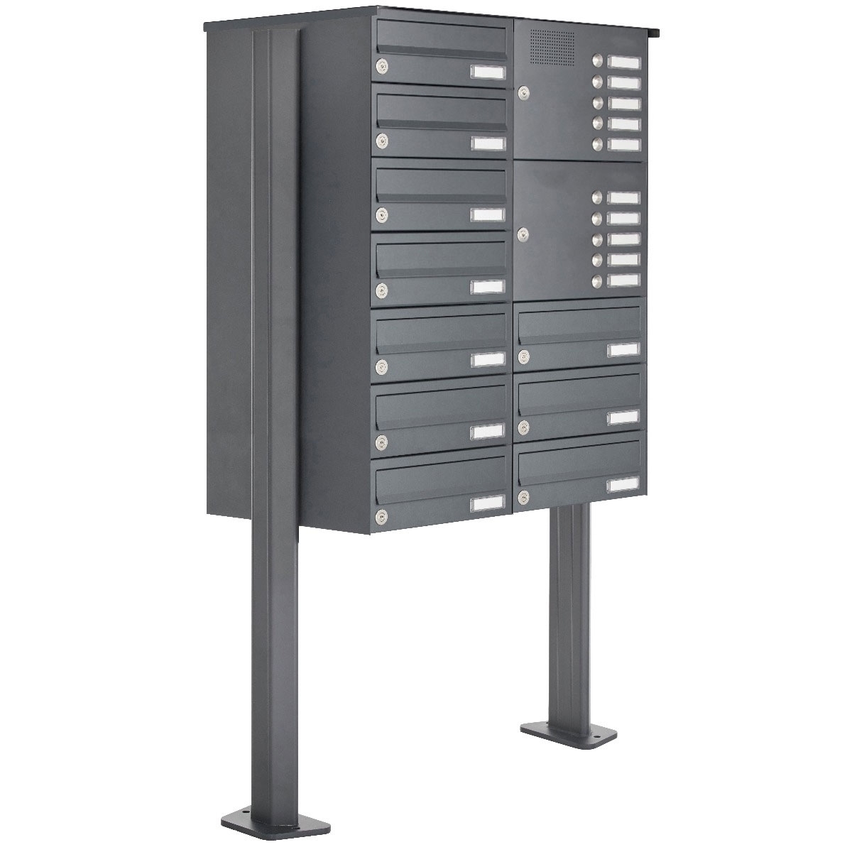 10er Edelstahl Standbriefkasten Design BASIC Plus 385XP ST-T mit Klingelkasten - RAL nach Wahl