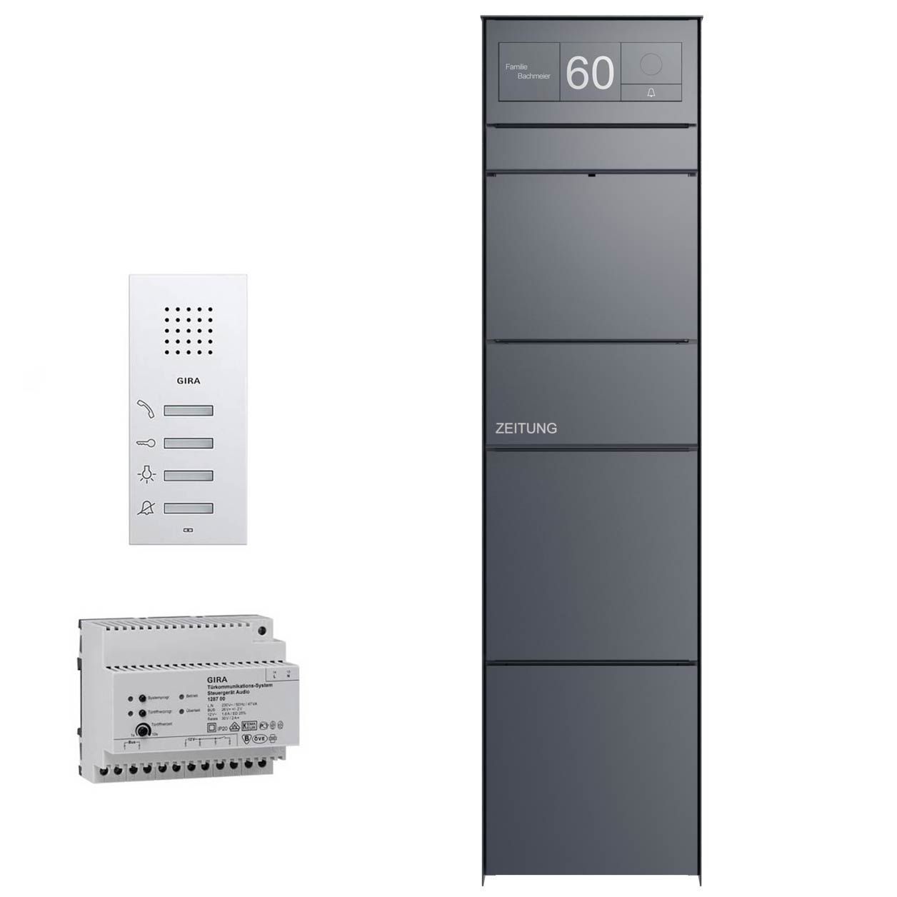 Designerska skrzynka na listy GOETHE ze schowkiem na gazety - RAL do wyboru - GIRA System 106 - AUDIO kompletny zestaw Designerska skrzynka na listy GOETHE ze schowkiem na gazety - RAL do wyboru - GIRA System 106 - AUDIO kompletny zestaw