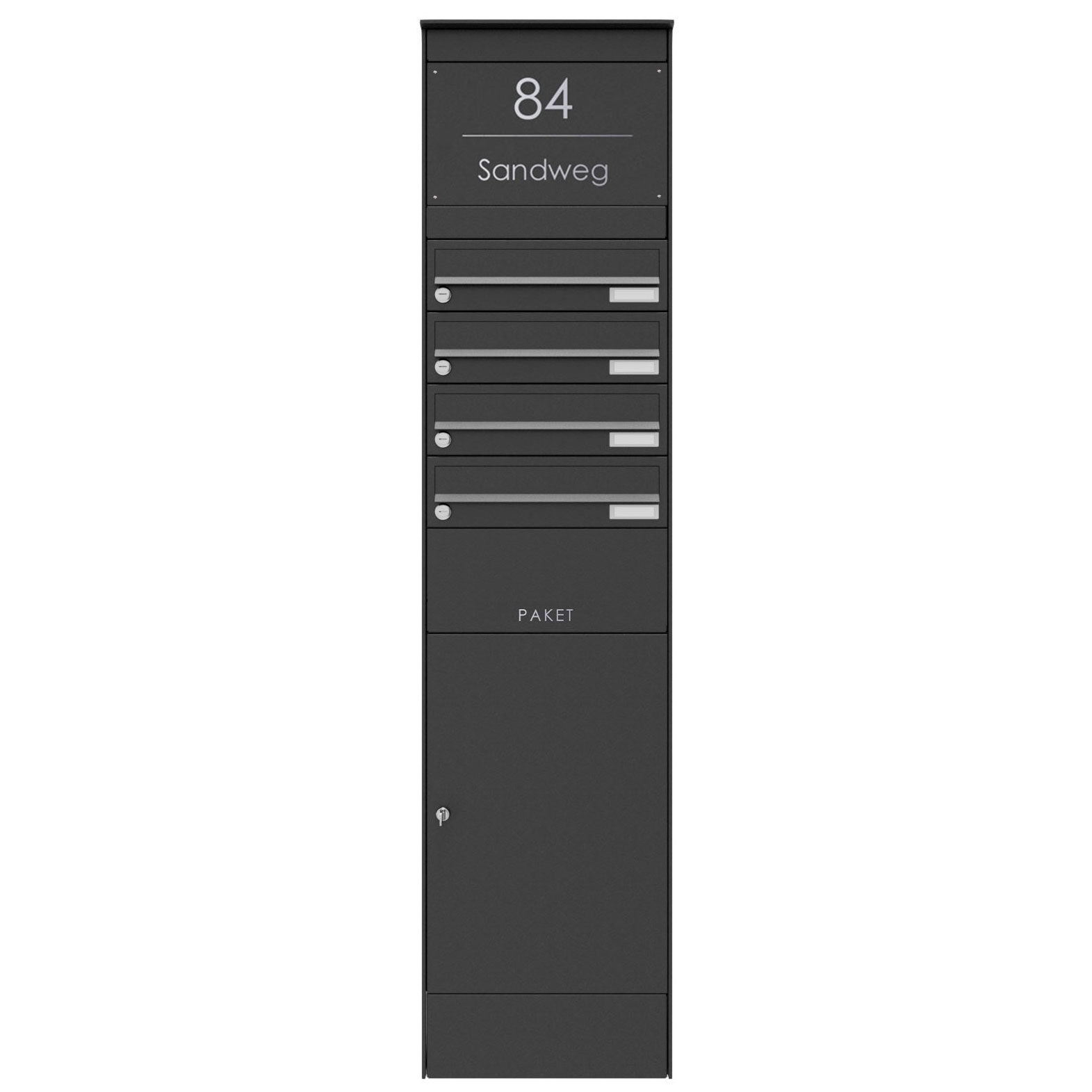 4er Briefkastenstele BASIC Plus 864X mit Paketfach 550x370 - RAL nach Wahl 4er Briefkastenstele BASIC Plus 864X mit Paketfach 550x370 - RAL nach Wahl