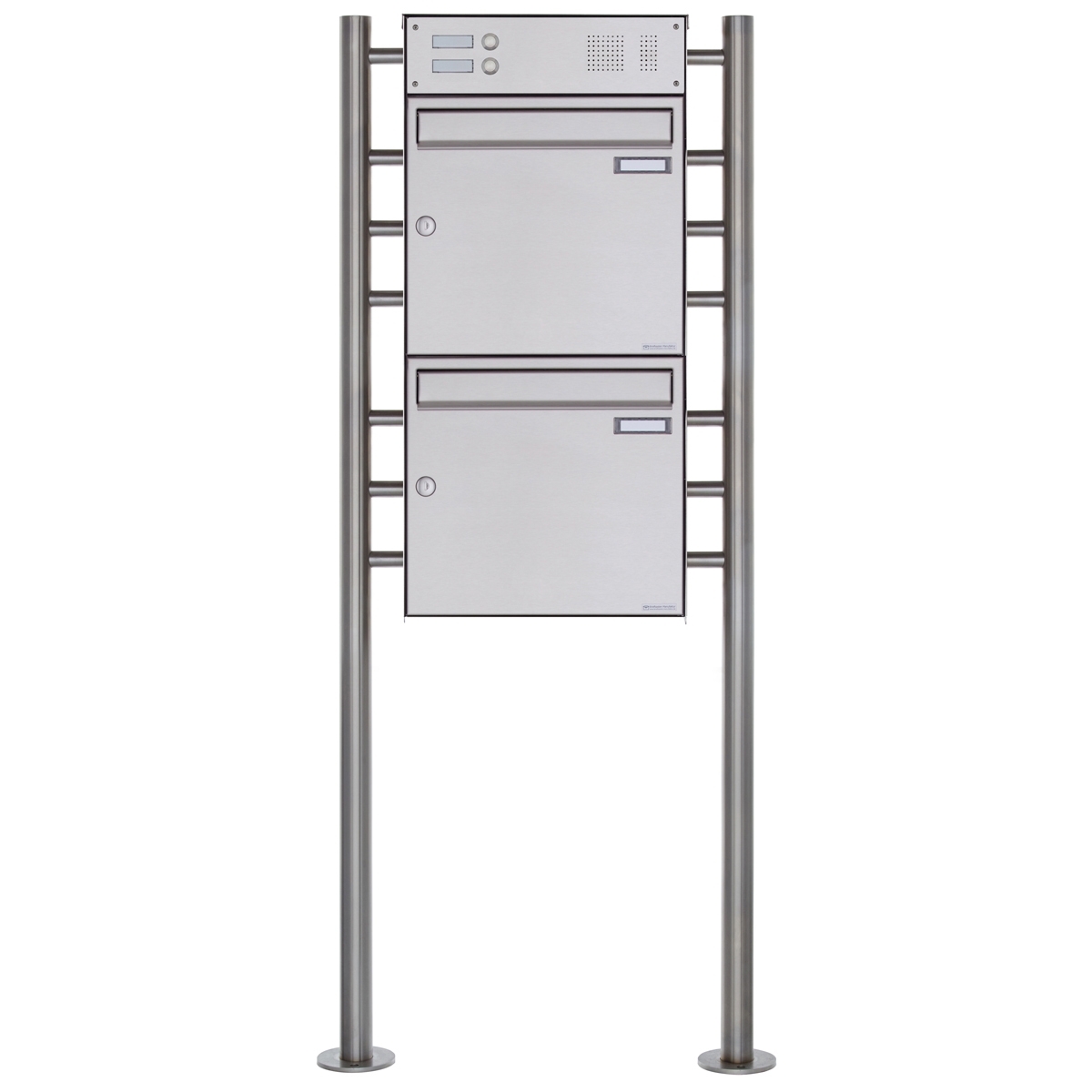2-post letterbox Design BASIC Plus 381X ST-R with bell box - polished V2A stainless steel 2-post letterbox Design BASIC Plus 381X ST-R with bell box - polished V2A stainless steel