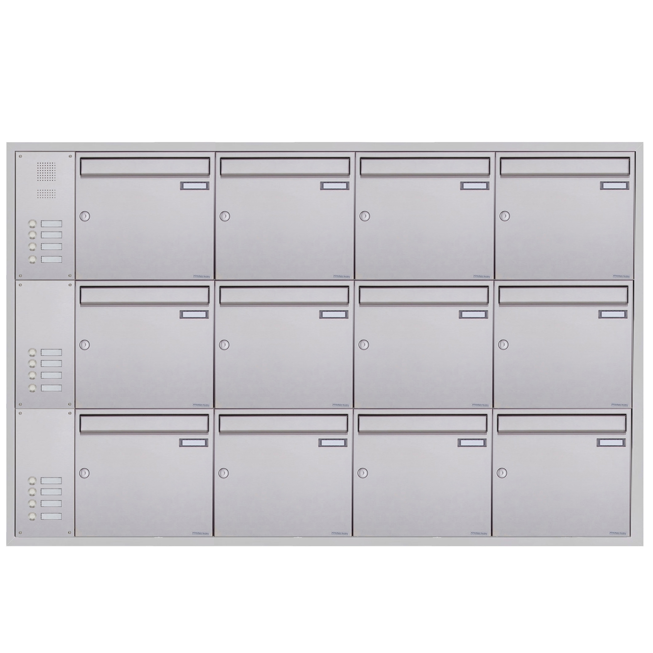 12-piece stainless steel flush-mounted letterbox system BASIC Plus 382XU UP with bell box on the side 12-piece stainless steel flush-mounted letterbox system BASIC Plus 382XU UP with bell box on the side