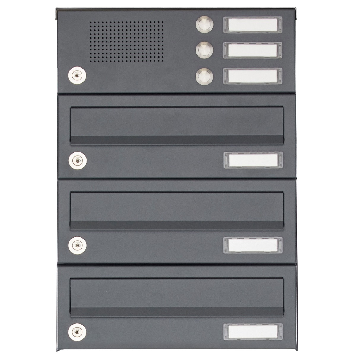 Ensemble de 3 boîtes aux lettres apparentes Design BASIC 385A-7016 AP avec boîte de sonnerie - RAL 7016 gris anthracite Ensemble de 3 boîtes aux lettres apparentes Design BASIC 385A-7016 AP avec boîte de sonnerie - RAL 7016 gris anthracite