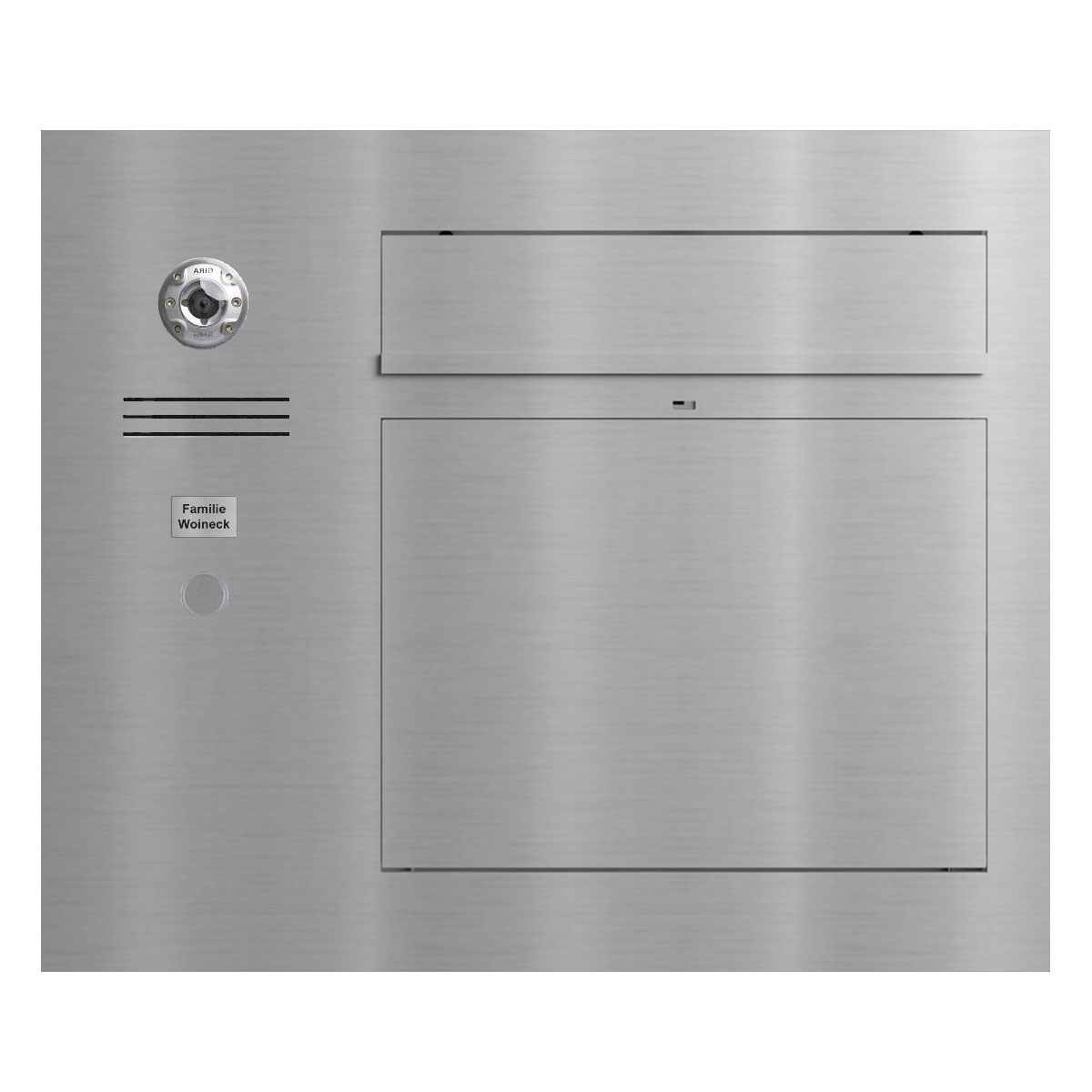 Design flush-mounted letterbox GRIMM - polished stainless steel with preparation for camera and intercom system left Design flush-mounted letterbox GRIMM - polished stainless steel with preparation for camera and intercom system left