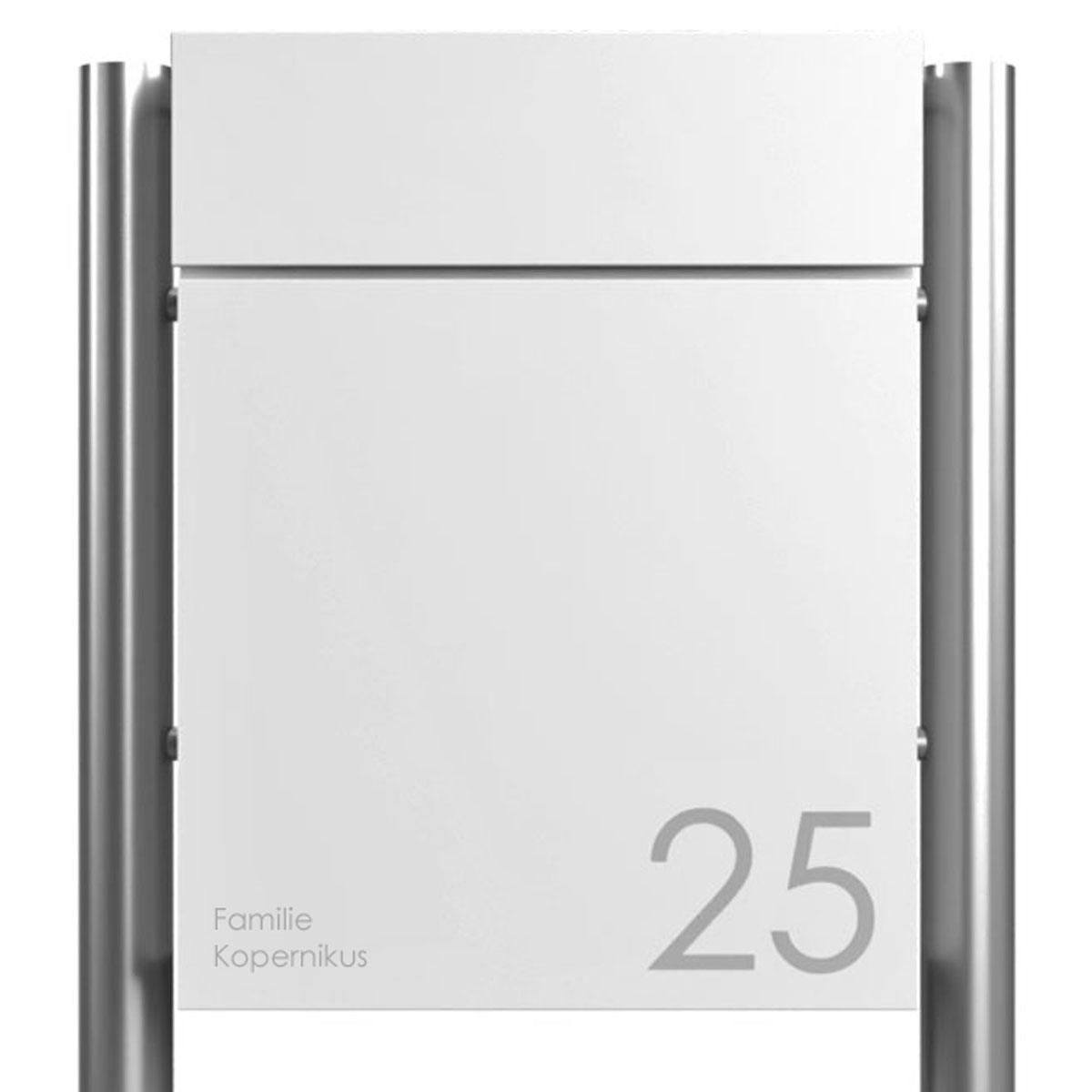 Cassetta per pacchi autoportante KANT ST-R - Design 2 - RAL 9016 bianco traffico con elementi di supporto in acciaio inox Cassetta per pacchi autoportante KANT ST-R - Design 2 - RAL 9016 bianco traffico con elementi di supporto in acciaio inox