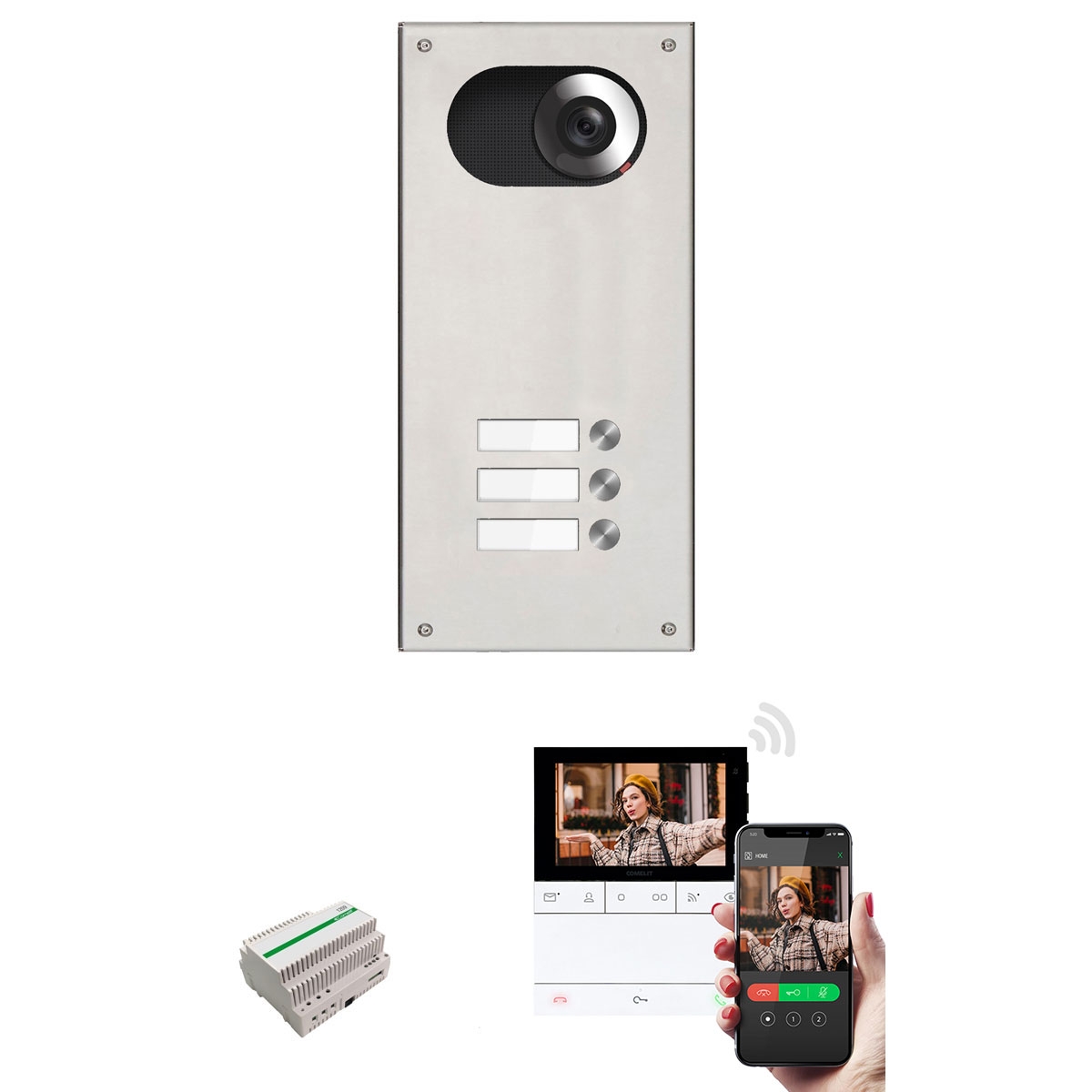 Edelstahl-Blende 170x330 für 3 Partei m. Comelit Video-Komplettset Wifi - Geschliffen Edelstahl-Blende 170x330 für 3 Partei m. Comelit Video-Komplettset Wifi - Geschliffen