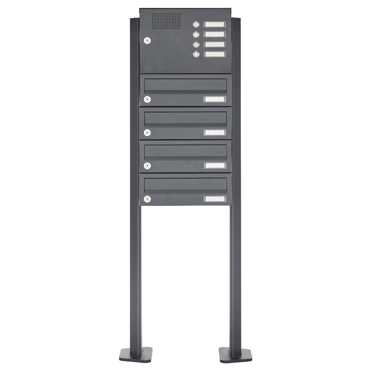 4er Briefkastenanlage freistehend Design BASIC 385P-7016-SP mit Klingel- Sprechteil inkl. Seitenverkleidung & Regendach - Briefkästen waagerecht - Anthrazit-Grau RAL 7016 4er Briefkastenanlage freistehend Design BASIC 385P-7016-SP mit Klingel- Sprechteil inkl. Seitenverkleidung & Regendach - Briefkästen waagerecht - Anthrazit-Grau RAL 7016