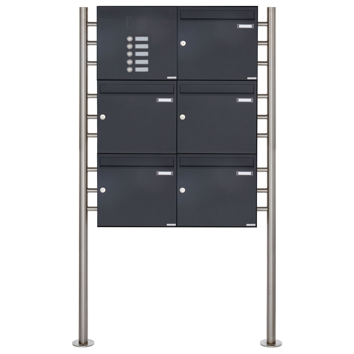 5er 3x2 free-standing letterbox Design BASIC 381 ST-R with bell box - RAL 7016 anthracite grey