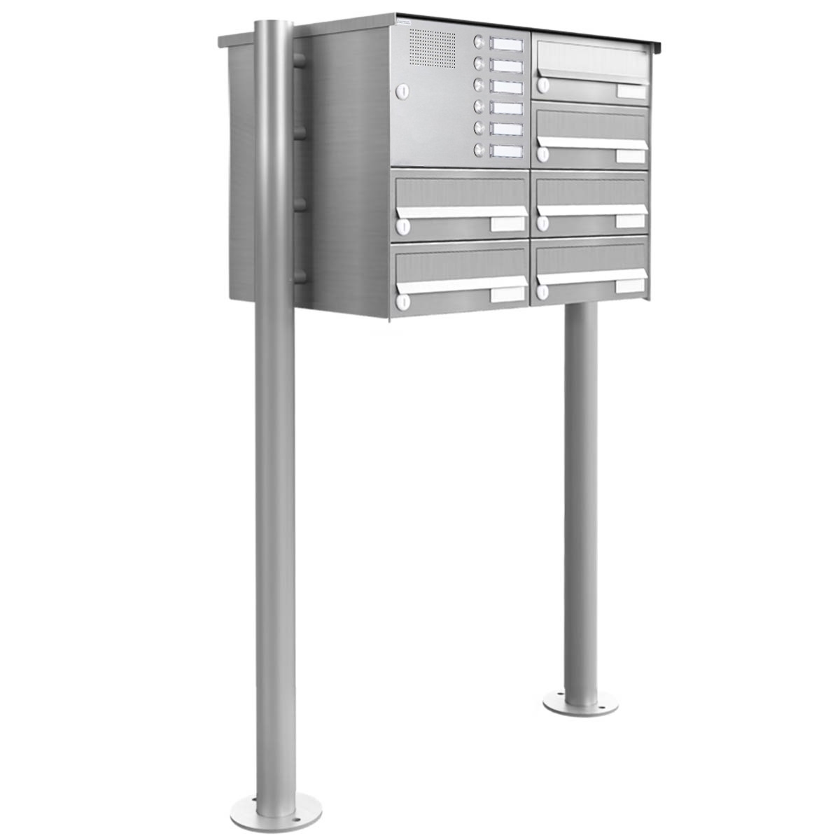 6er Standbriefkasten Design BASIC 385-VA ST-R mit Klingelkasten - Edelstahl V2A, geschliffen