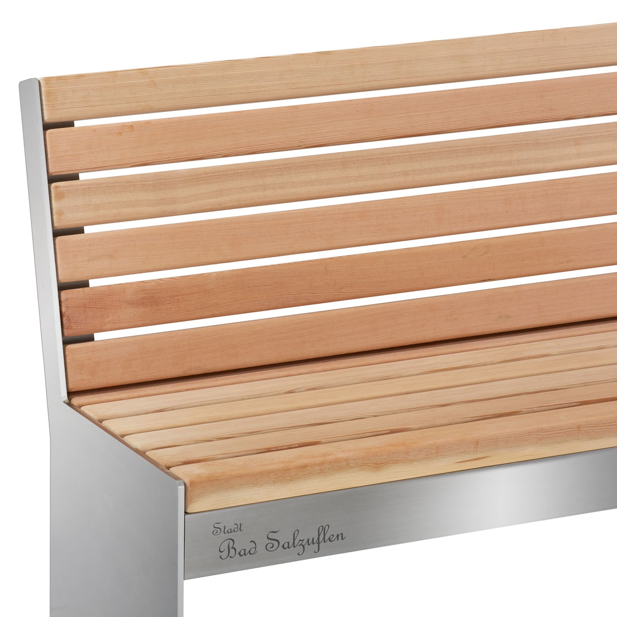 Design bench NOVALIS with backrest - polished stainless steel - Douglas fir oiled Design bench NOVALIS with backrest - polished stainless steel - Douglas fir oiled