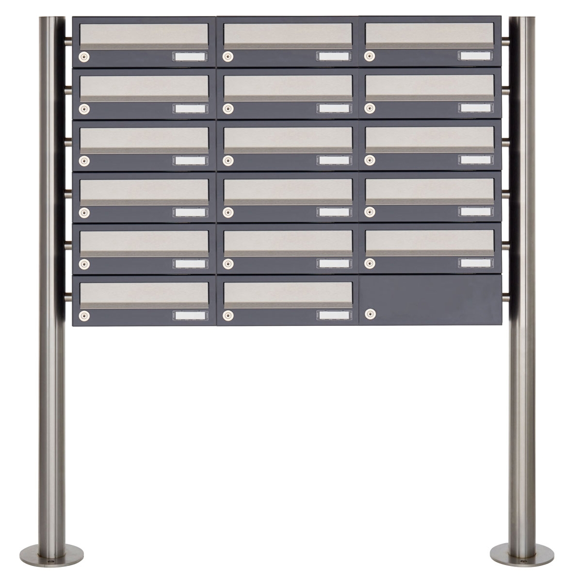 17er 6x3 Briefkastenanlage freistehend Design BASIC 385 ST-R - Edelstahl-RAL 7016 anthrazitgrau 17er 6x3 Briefkastenanlage freistehend Design BASIC 385 ST-R - Edelstahl-RAL 7016 anthrazitgrau