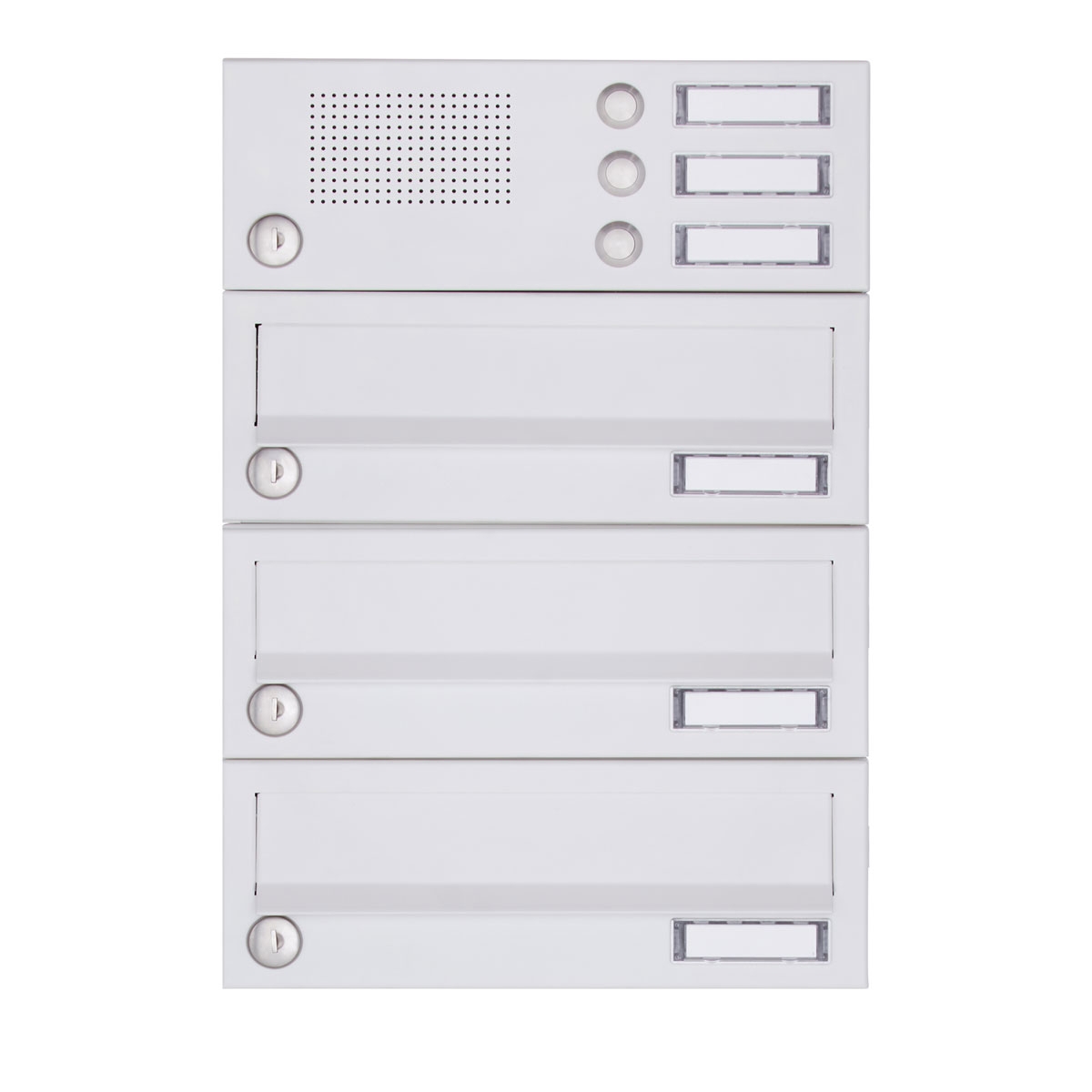 3er Aufputz Briefkastenanlage Design BASIC 385A-9016 AP mit Klingelkasten - RAL 9016 verkehrsweiß 3er Aufputz Briefkastenanlage Design BASIC 385A-9016 AP mit Klingelkasten - RAL 9016 verkehrsweiß