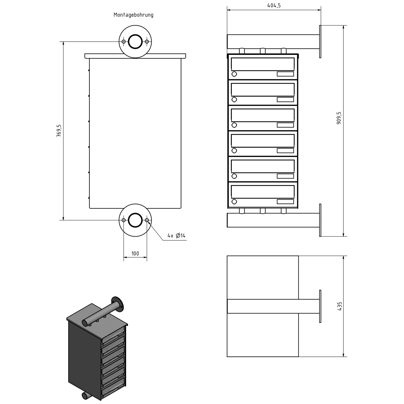 6er Edelstahl Briefkastenanlage Design BASIC Plus 385XW zur seitlichen Wandmontage - RAL nach Wahl