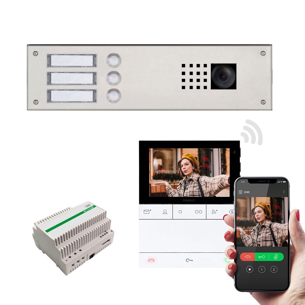 Stainless steel panel 355x100 for 3 party with Comelit complete video set Wifi