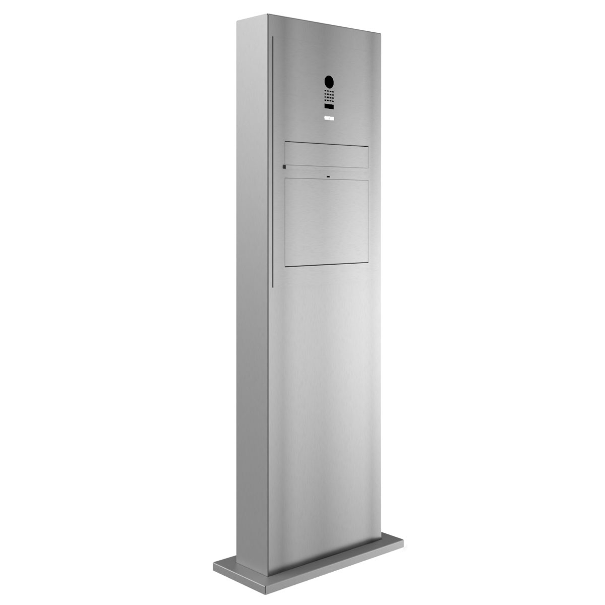 Design letterbox pedestal GRIMM - polished stainless steel with DoorBird video intercom system Design letterbox pedestal GRIMM - polished stainless steel with DoorBird video intercom system
