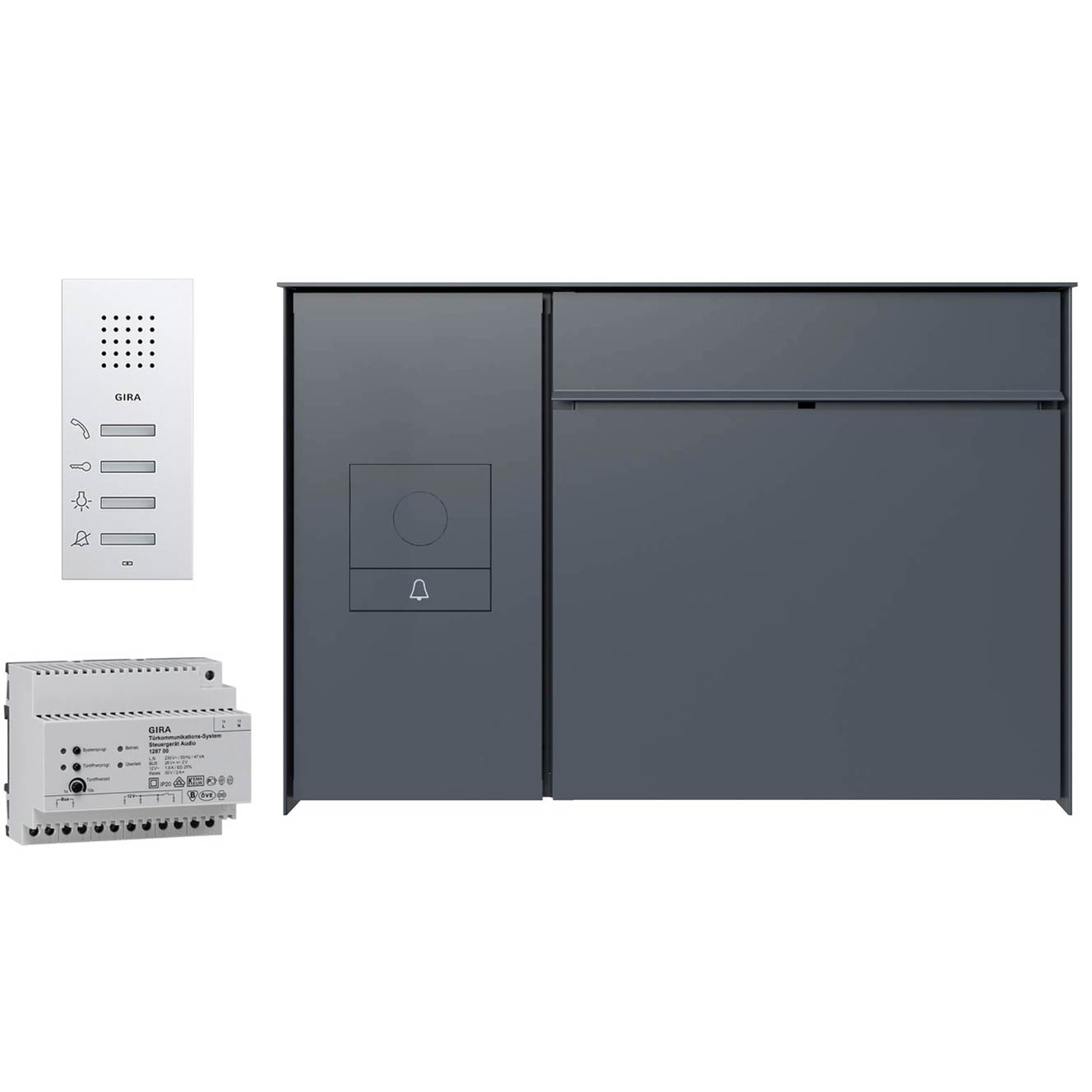 Design Aufputz Briefkasten GOETHE AP seitlich mit GIRA System 106 - RAL nach Wahl - AUDIO Komplettset