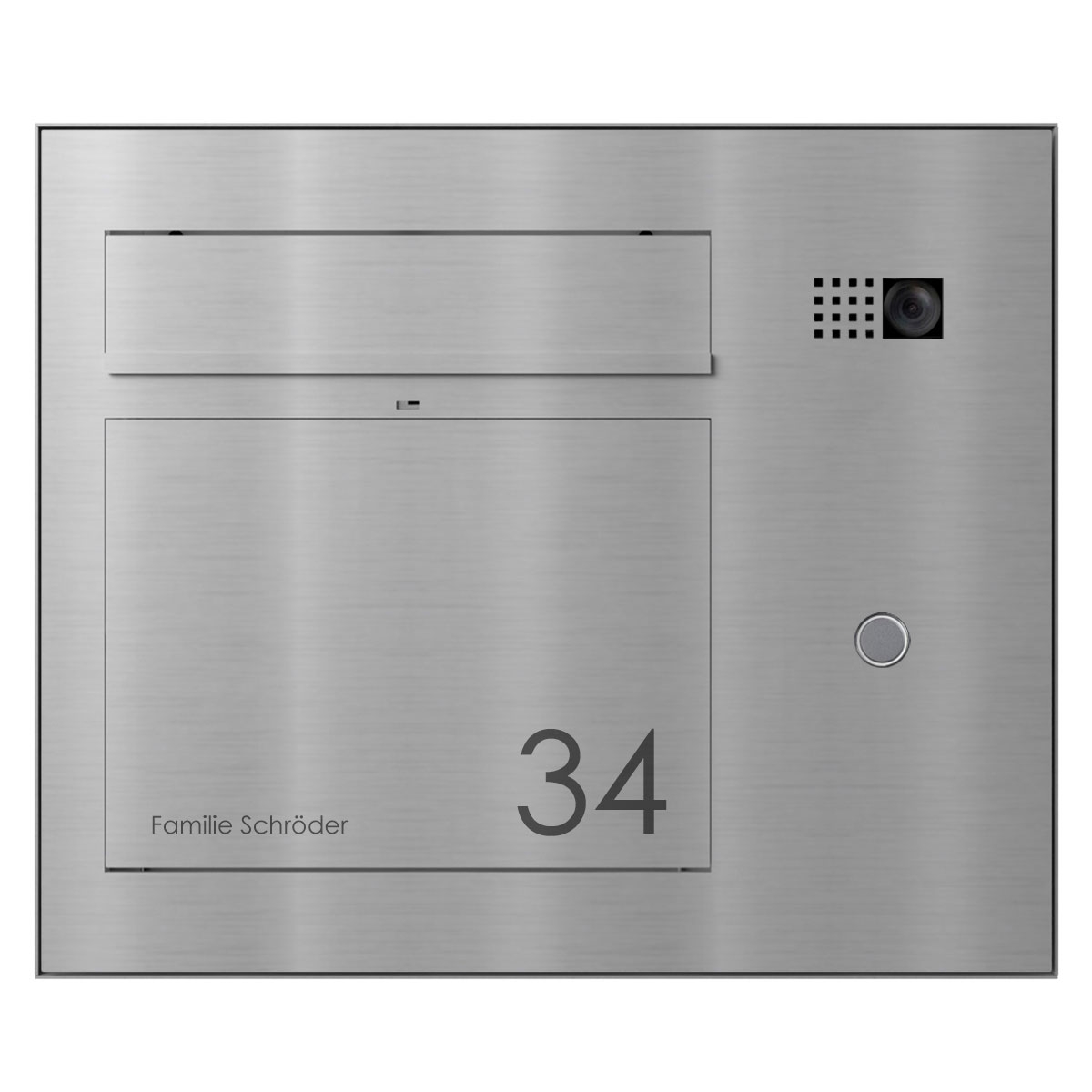 Design Aufputz Briefkasten GRIMM - Edelstahl geschliffen mit COMELIT Ultra - VIDEO Set rechts