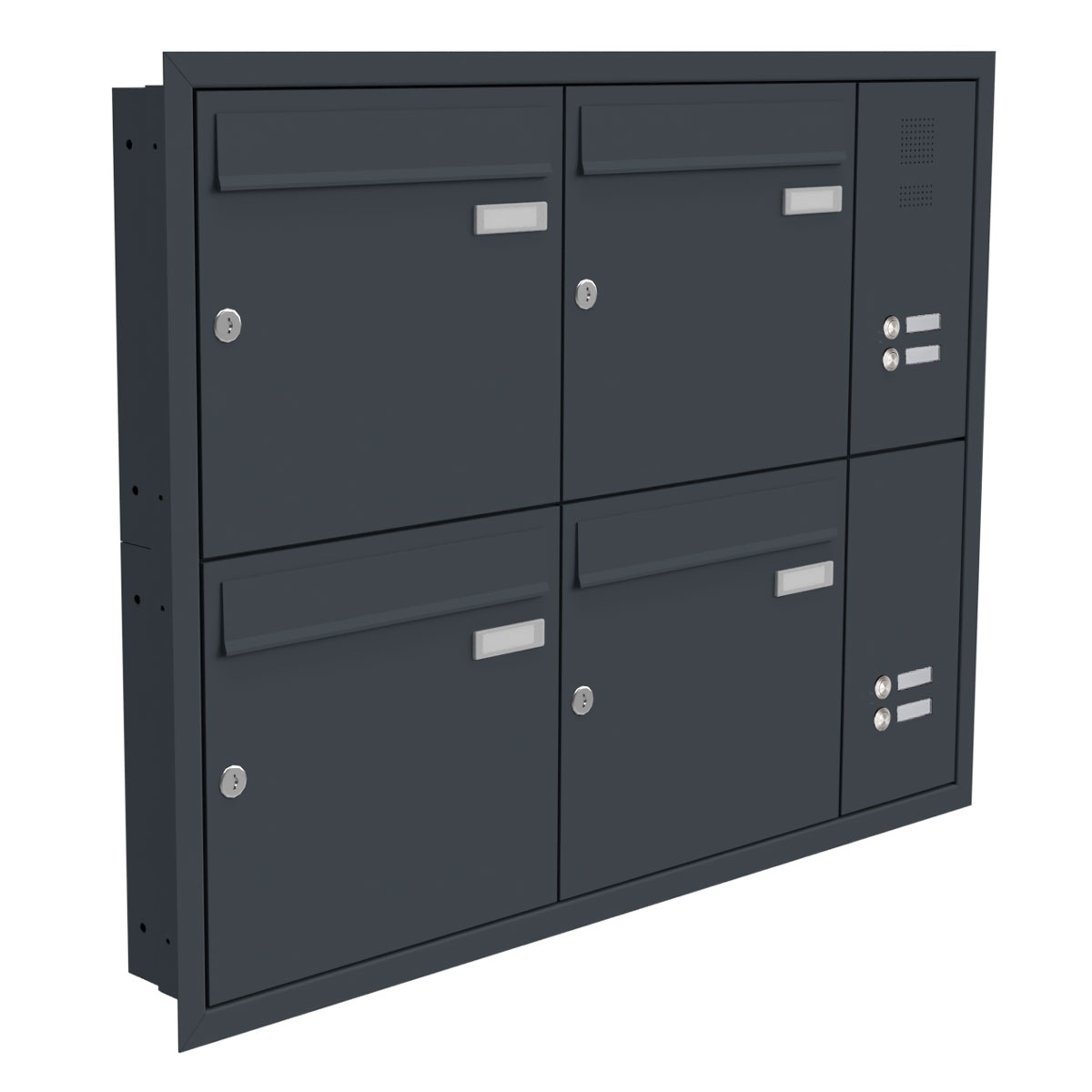 4-piece stainless steel flush-mounted letterbox system BASIC Plus 382XU UP with bell box on the side - RAL of your choice 4-piece stainless steel flush-mounted letterbox system BASIC Plus 382XU UP with bell box on the side - RAL of your choice