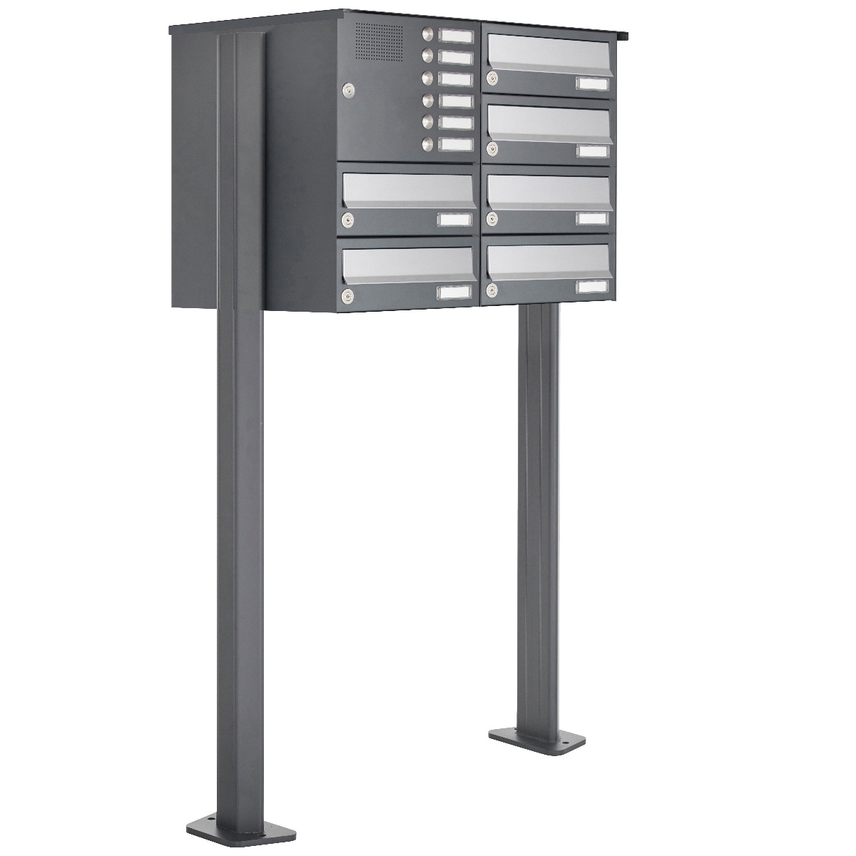 6er 3x2 Standbriefkasten Design BASIC 385P ST-T mit Klingelkasten - Edelstahl-RAL 7016 anthrazit