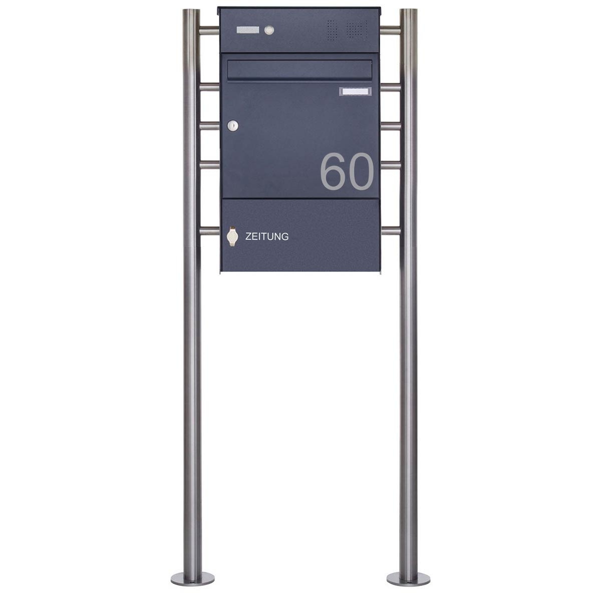 1-post letterbox Design BASIC Plus 381X ST-R with bell box & newspaper compartment closed - RAL 1-post letterbox Design BASIC Plus 381X ST-R with bell box & newspaper compartment closed - RAL