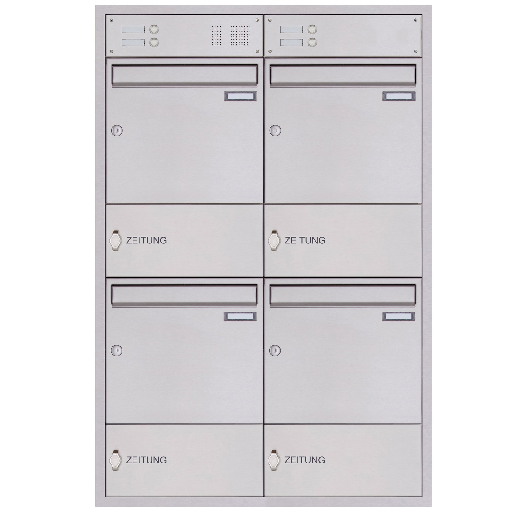 4-piece stainless steel flush-mounted letterbox BASIC Plus 382XU UP with bell box & newspaper compartment 4-piece stainless steel flush-mounted letterbox BASIC Plus 382XU UP with bell box & newspaper compartment
