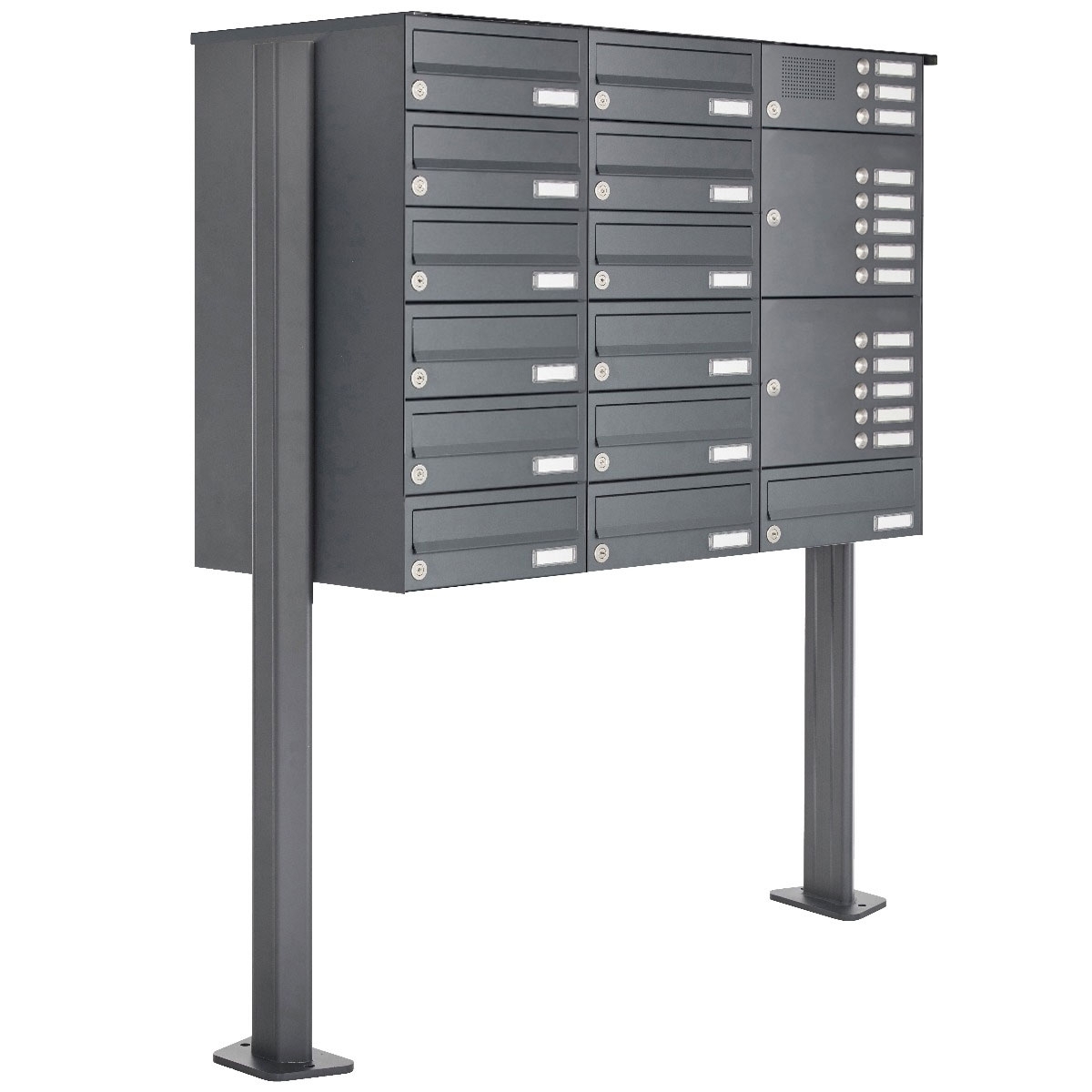 13er Edelstahl Briefkastenanlage freistehend Design BASIC Plus 385XP ST-T mit Klingelkasten - RAL nach Wahl