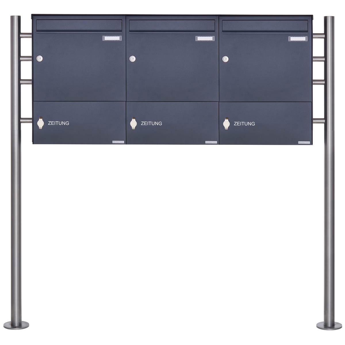 3er 1x3 letterbox Design BASIC 381 ST-R with newspaper compartment closed - RAL 7016 anthracite grey 3er 1x3 letterbox Design BASIC 381 ST-R with newspaper compartment closed - RAL 7016 anthracite grey