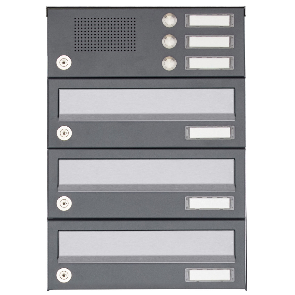 3er Aufputz Briefkastenanlage Design BASIC 385A AP mit Klingelkasten - Edelstahl-RAL 7016 anthrazit 3er Aufputz Briefkastenanlage Design BASIC 385A AP mit Klingelkasten - Edelstahl-RAL 7016 anthrazit