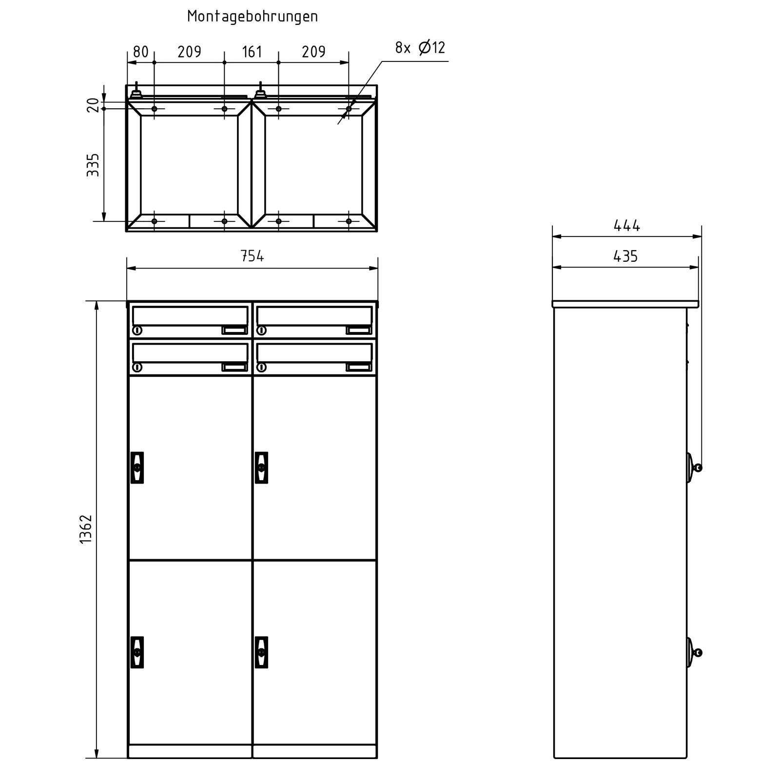 4er Paketfachanlage BASIC Plus 863X STL mit Paketfach 370x550 und Briefkasten 370x110 - Edelstahl geschliffen