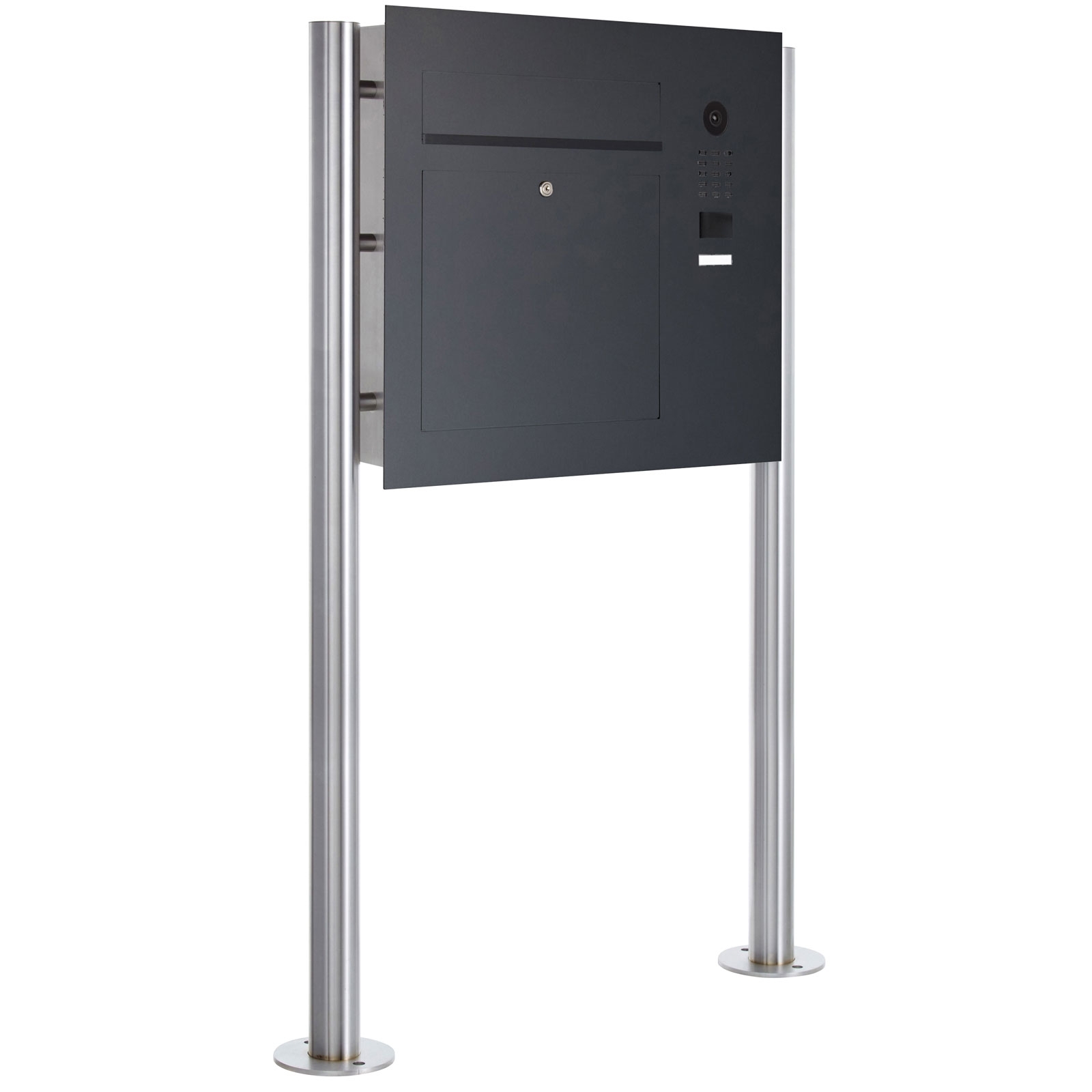 Stainless steel free-standing letterbox designer model BIG ST-R with DoorBird video intercom system on the side - RAL of your choice Stainless steel free-standing letterbox designer model BIG ST-R with DoorBird video intercom system on the side - RAL of your choice