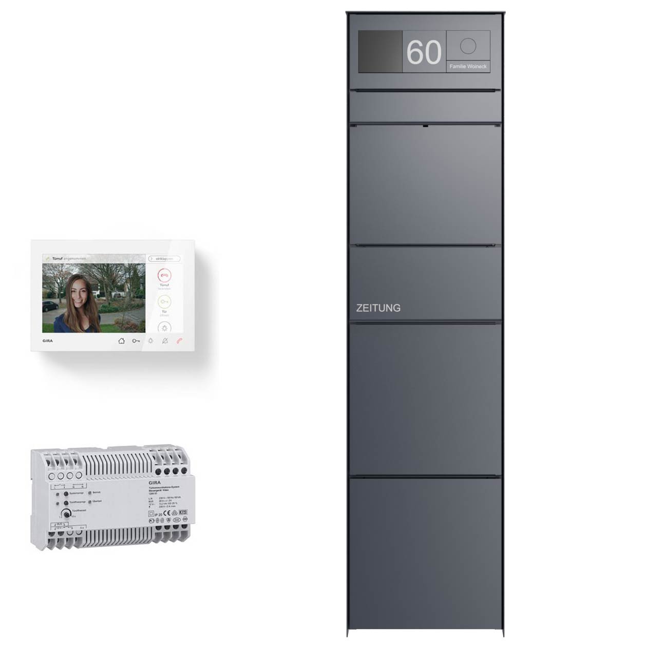 Design letterbox pedestal GOETHE with newspaper compartment - RAL of your choice - GIRA System 106 - VIDEO complete set Design letterbox pedestal GOETHE with newspaper compartment - RAL of your choice - GIRA System 106 - VIDEO complete set