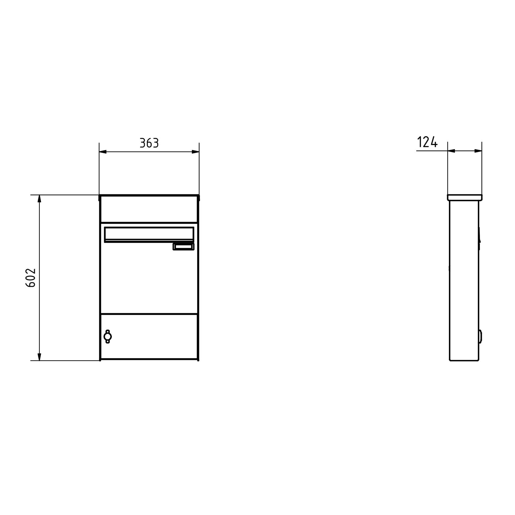 Stainless steel fence letterbox BASIC Plus 382XZ with newspaper compartment & bell box - RAL of your choice - removal from the rear Stainless steel fence letterbox BASIC Plus 382XZ with newspaper compartment & bell box - RAL of your choice - removal from the rear