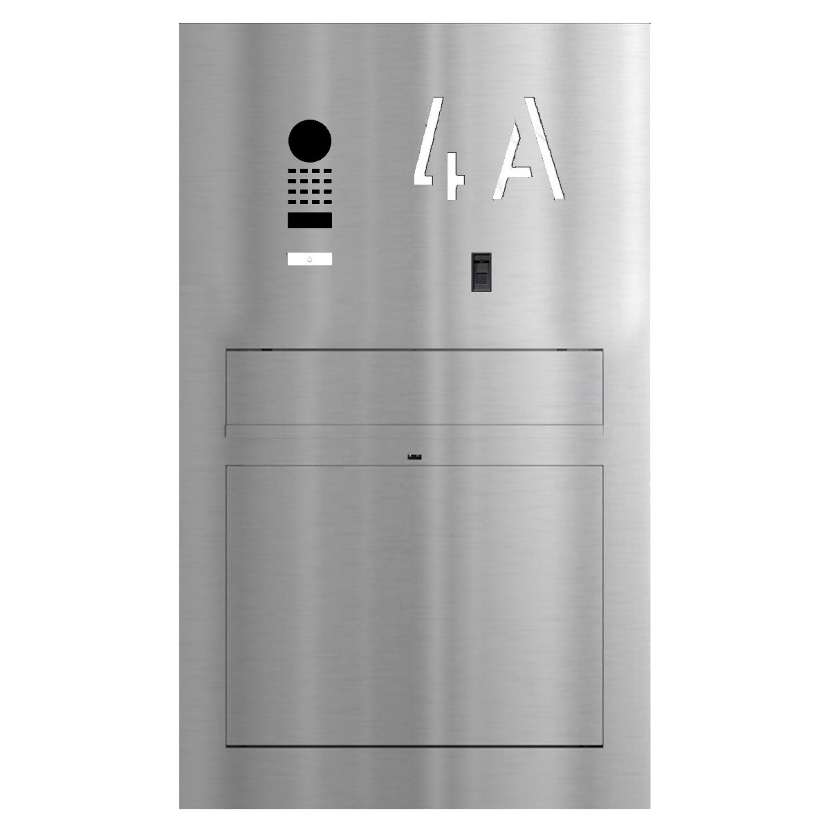 Design letterbox pedestal GRIMM - polished stainless steel with DoorBird video intercom system Design letterbox pedestal GRIMM - polished stainless steel with DoorBird video intercom system