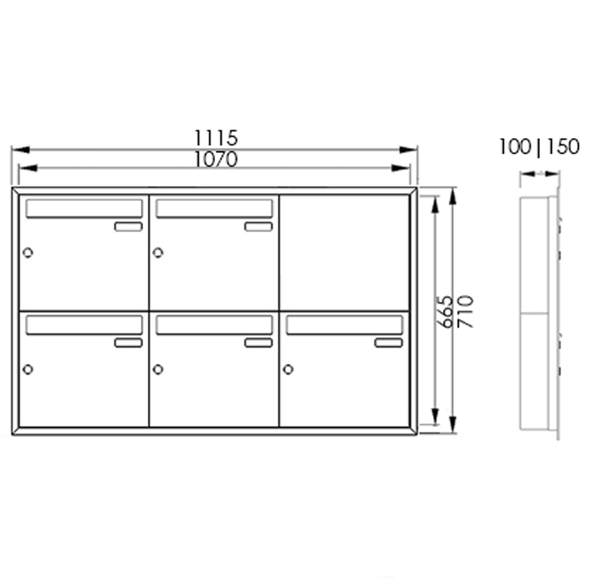 5er 3x2 Edelstahl Unterputz Briefkastenanlage BASIC Plus 382XU UP mit Klingelkasten