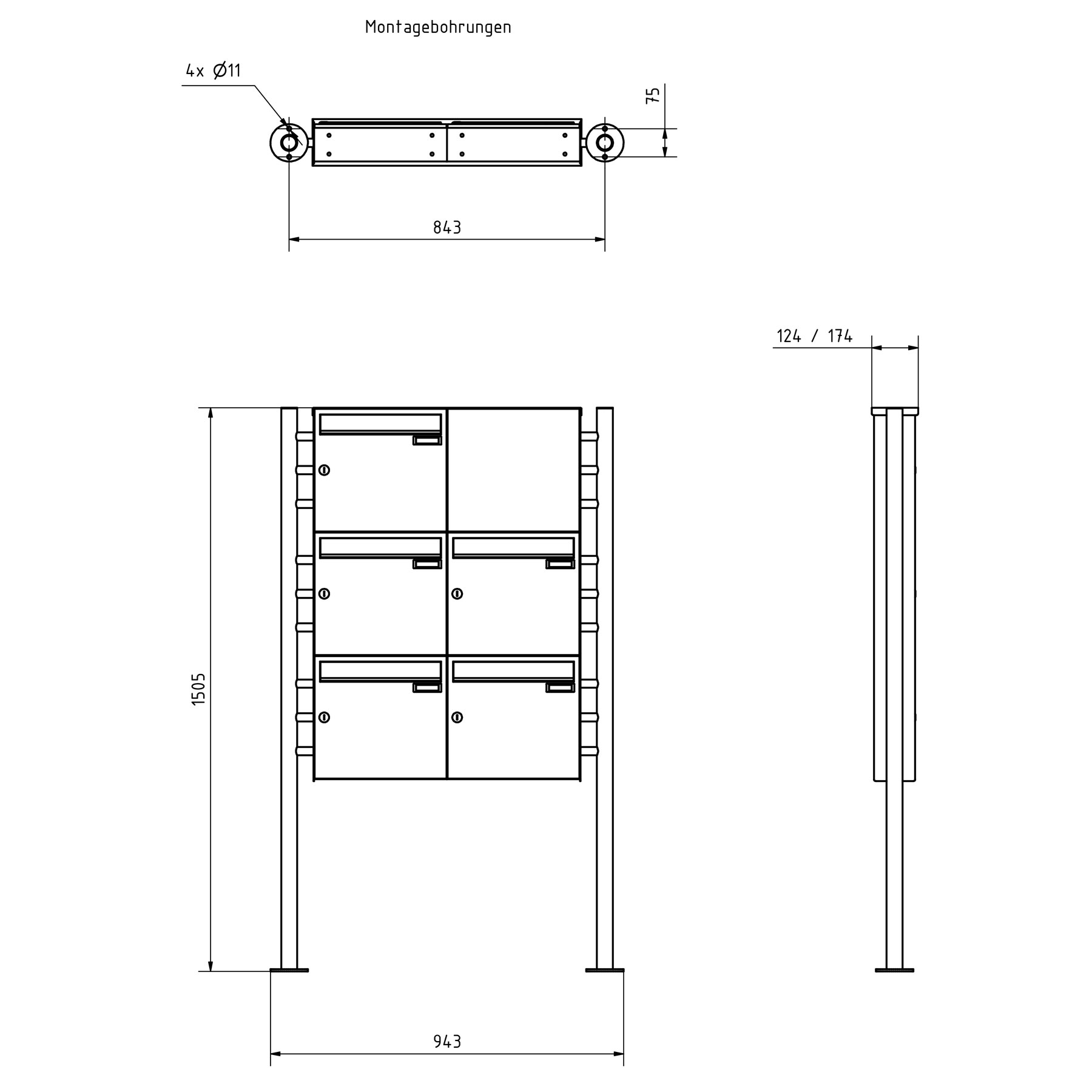 5er 3x2 Standbriefkasten Design BASIC Plus 381X ST-R mit Klingelkasten - Edelstahl V2A geschliffen