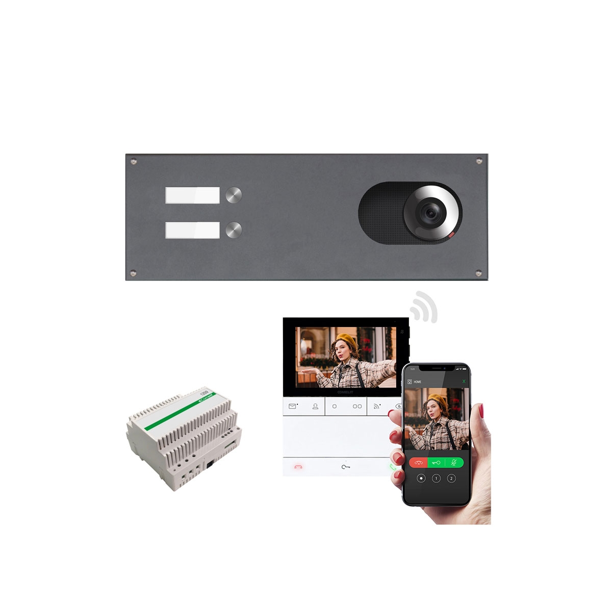 Roestvrijstalen afdekplaat 370x110 voor 2 partijen met Comelit complete videoset Wifi, RAL 7016 antracietgrijs