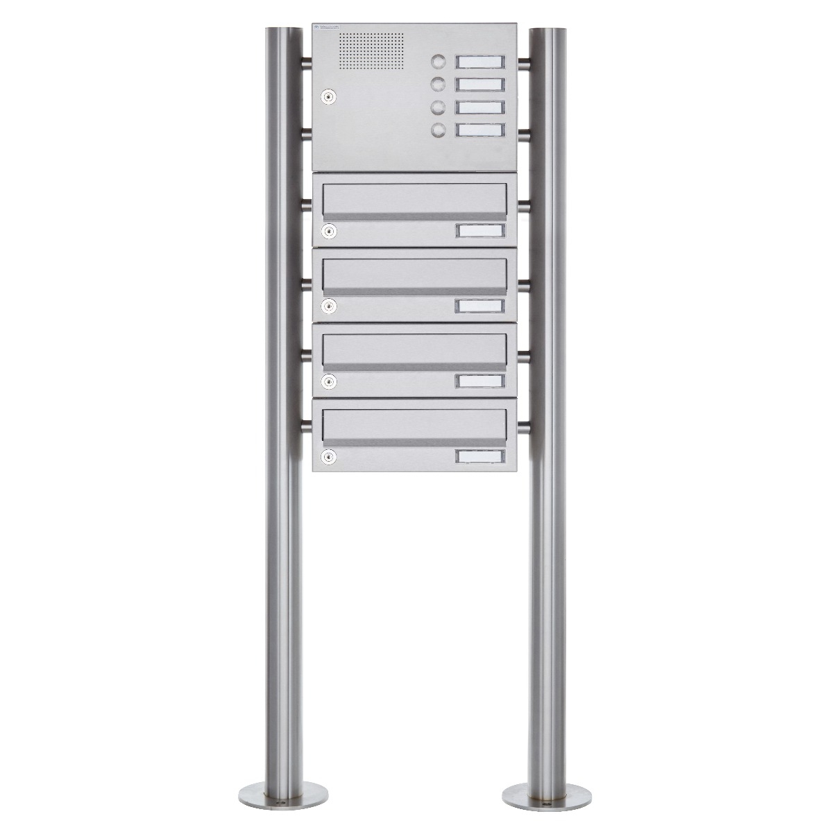 4er Standbriefkasten Design BASIC 385-VA ST-R mit Klingelkasten - Edelstahl V2A, geschliffen