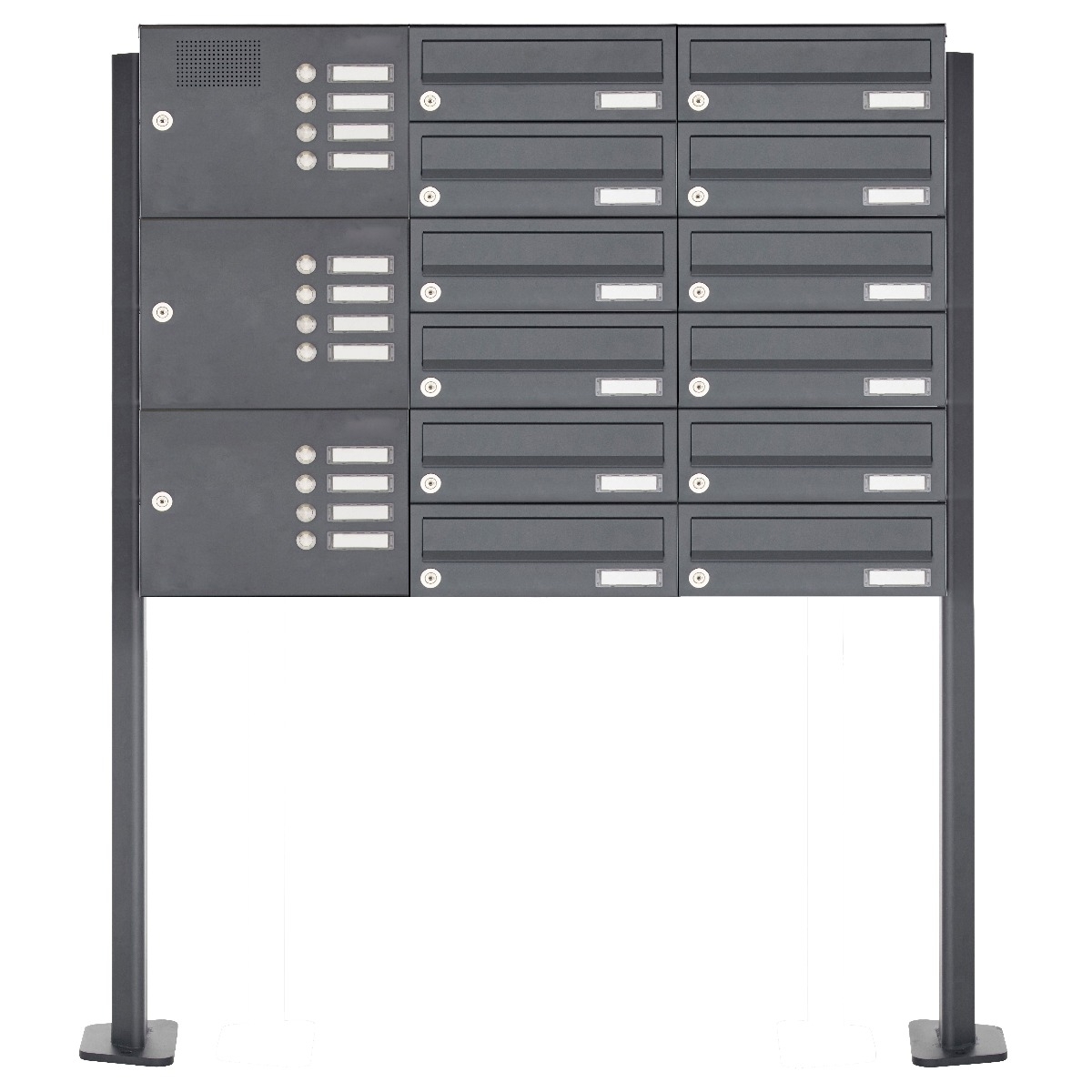 12er Briefkastenanlage freistehend Design BASIC 385P-7016-SP mit Klingel- Sprechteil inkl. Seitenverkleidung & Regendach - Briefkästen waagerecht - Anthrazit-Grau RAL 7016