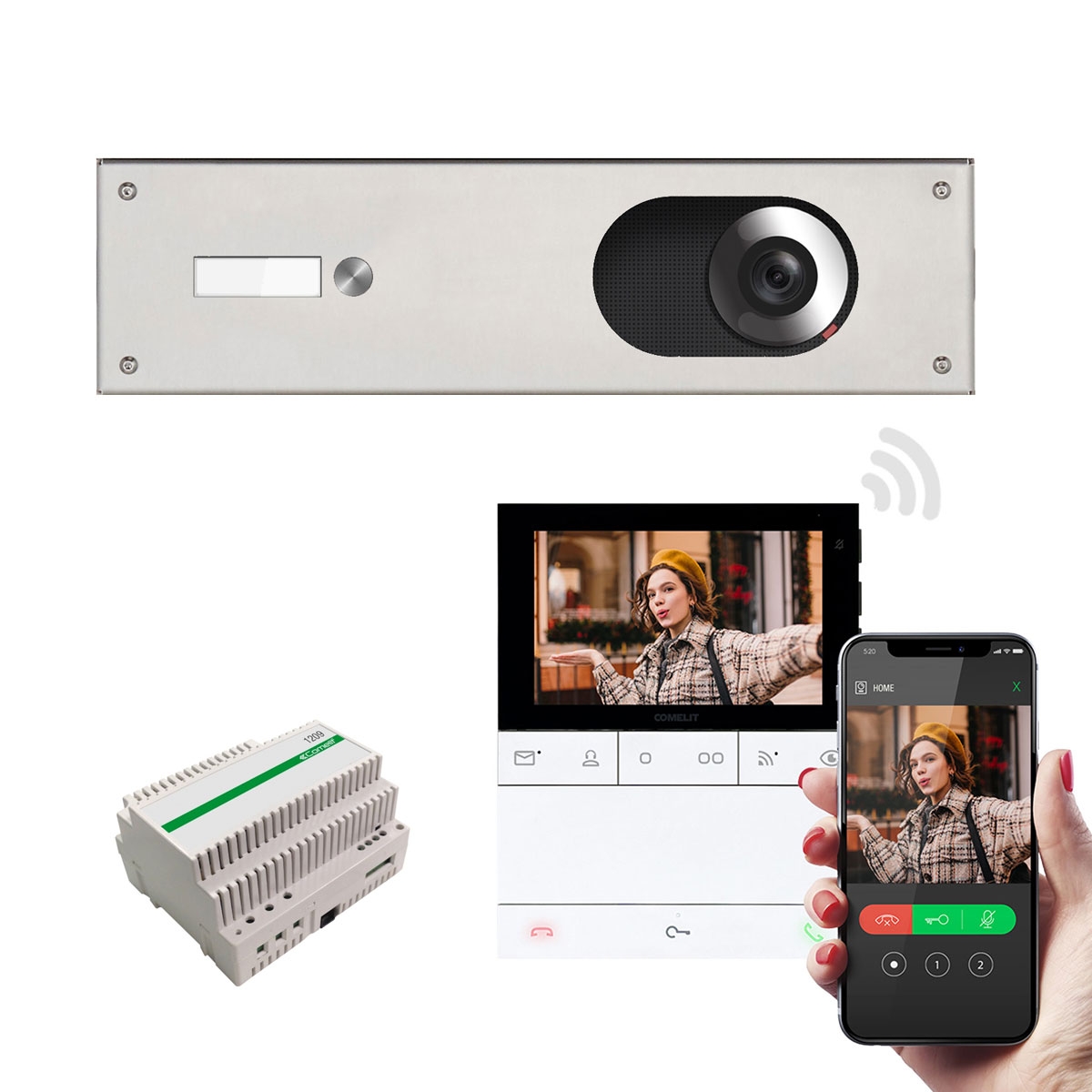 Stainless steel cover 355x100 for 1 party with Comelit complete video set Wifi Stainless steel cover 355x100 for 1 party with Comelit complete video set Wifi